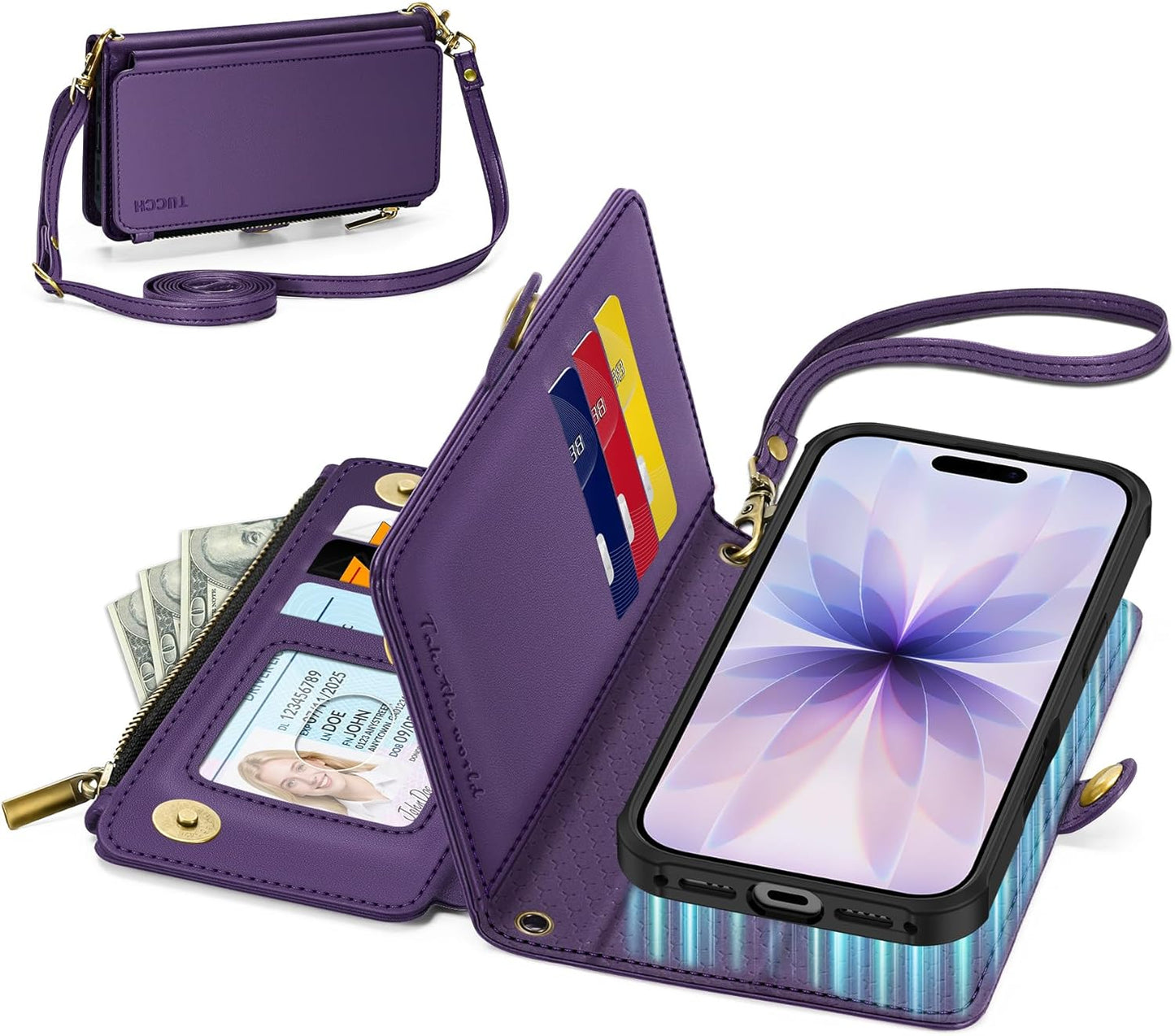 TUCCH Removable Crossbody Wallet Case for iPhone 17 (6.3"), 9 Card Holders RFID Blocking, Lanyard, Wrist Strap, Wireless Charging, Stand, Zipper Pocket, PU Leather, Magnetic Flip Cover, Deep Purple