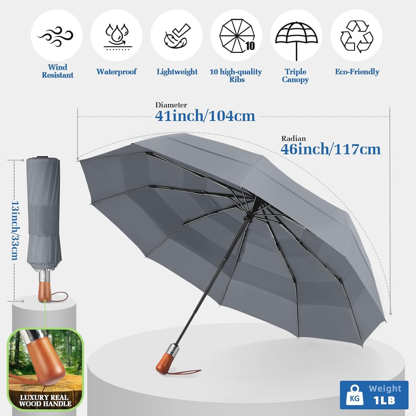 Umbrella Strong Windproof, Triple-Layer Canopy, 10 Fiberglass Ribs, Auto Open/Close, Wooden Handle, Sleeve with Anti-Loss Hook, Umbrellas for Travel & Commute & Daily Use & Gift