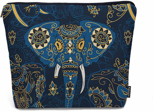 Elephant Makeup Bag - Adorable Cosmetic Bag, Day Of The Dead Sugar Skull Elephant Blue Zipper Bag Travel Toiletry Organizer Pouch For Gym Bathroom