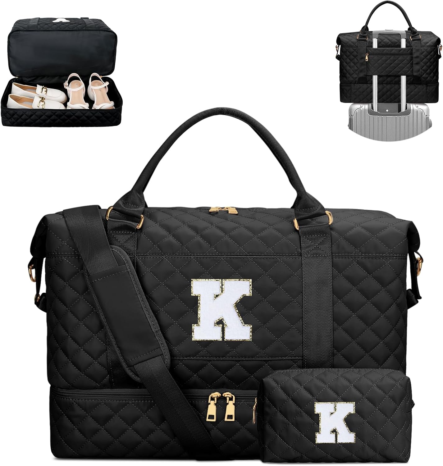 Gifts for Women Girls Initial Travel Duffle Bag Quilted Weekender Carry-On Overnight with Cosmetic Bag, Gym Bag with Shoe Compartment, Black K