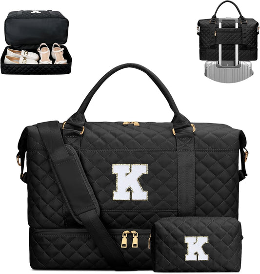 Gifts for Women Girls Initial Travel Duffle Bag Quilted Weekender Carry-On Overnight with Cosmetic Bag, Gym Bag with Shoe Compartment, Black K