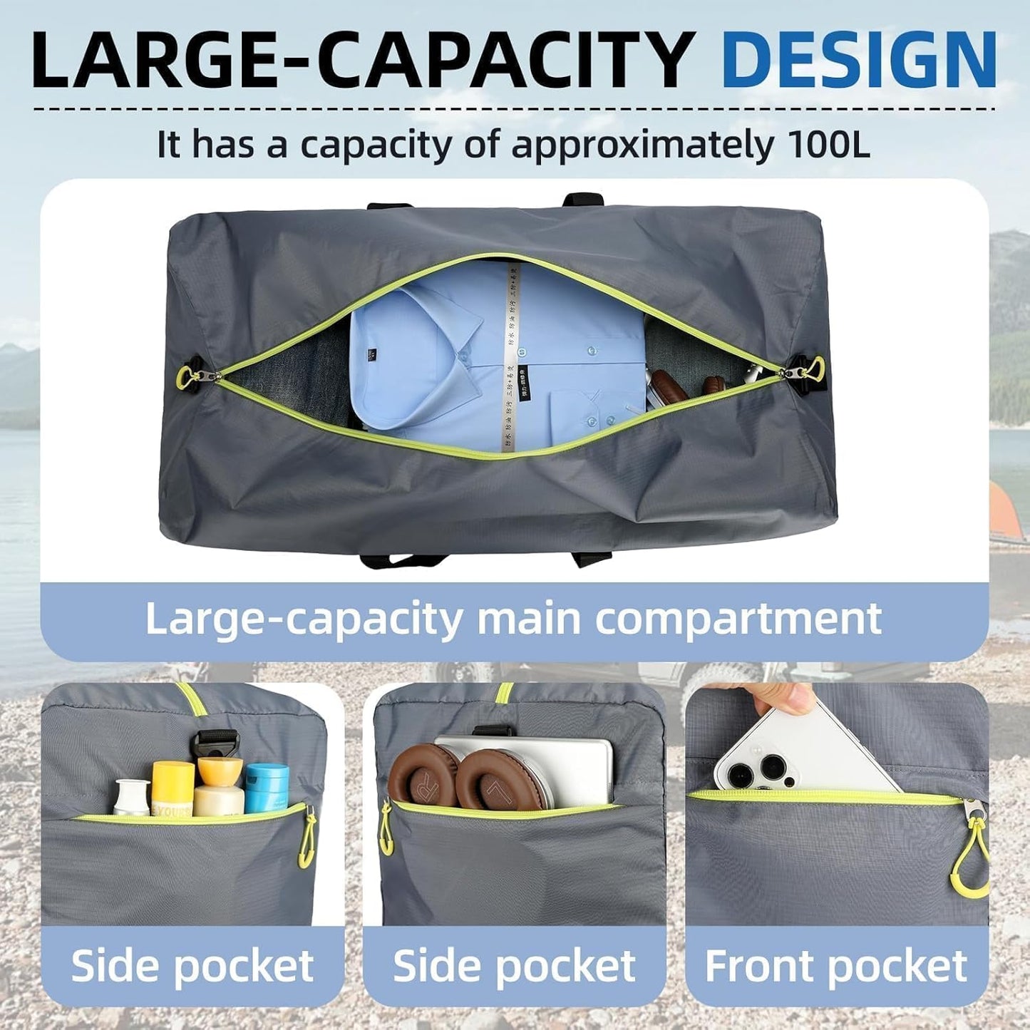 100L Extra Large Duffle Bag Lightweight, Travel Duffel Bag Foldable for Men Women, Water-Resistant & Durable, Grey
