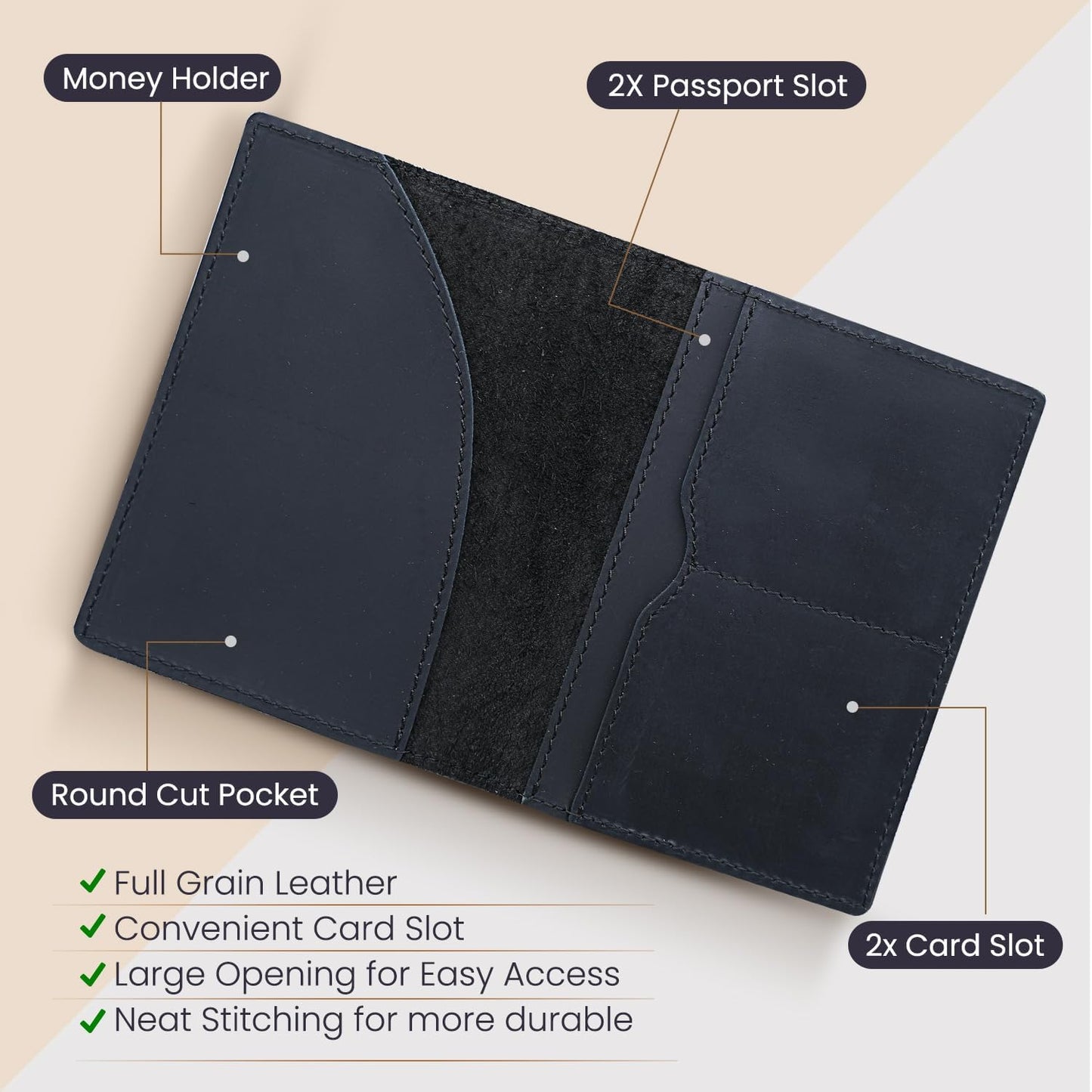 Leather Passport Holder with Travel Wallet, Genuine Leather Passport Cover- Passport Wallet, Leather Folding Wallet for Passports (Oval Cut, Black)