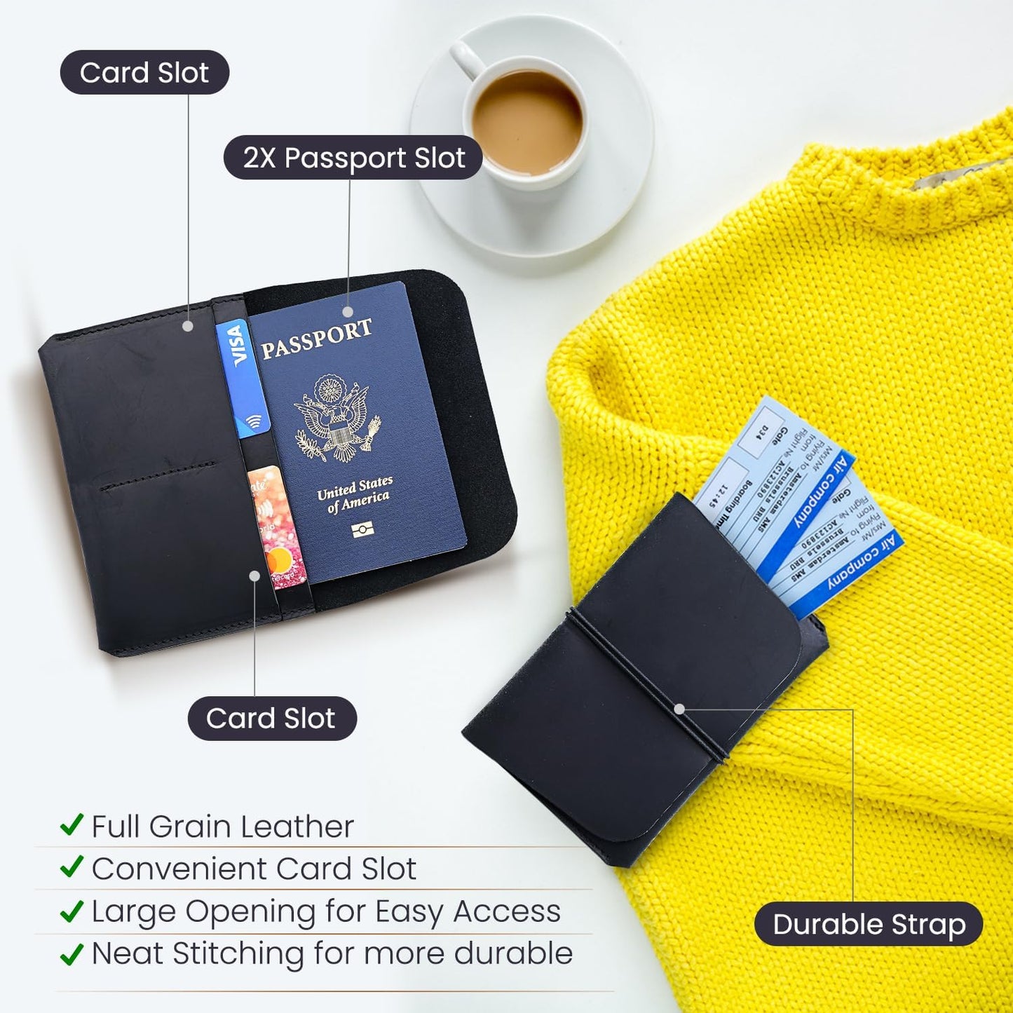 Leather Passport Holder with Travel Wallet, Genuine Leather Passport Cover- Passport Wallet, Leather Folding Wallet for Passports (Strap, Black)