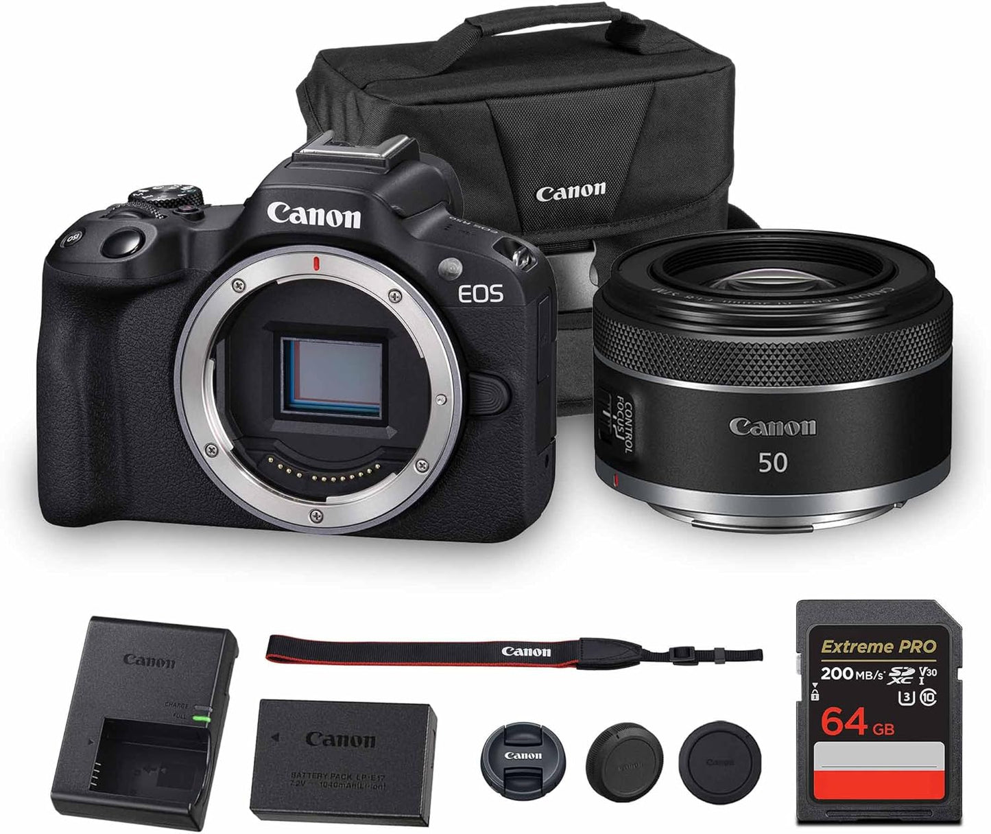 Canon EOS R50 Mirrorless Camera | 24.2MP APS-C, 4K 30p Video, Dual Pixel AF II, 15fps Burst, Vari-Angle Screen, Compact Beginner Vlogging Camera + Canon RF 50mm f/1.8 STM Lens + 64GB Card + More