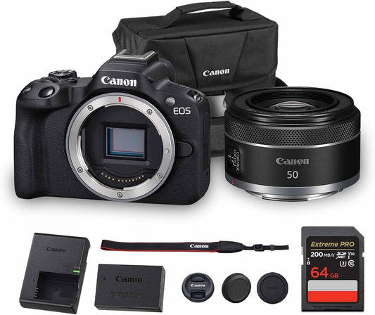 Canon EOS R50 Mirrorless Camera | 24.2MP APS-C, 4K 30p Video, Dual Pixel AF II, 15fps Burst, Vari-Angle Screen, Compact Beginner Vlogging Camera + Canon RF 50mm f/1.8 STM Lens + 64GB Card + More