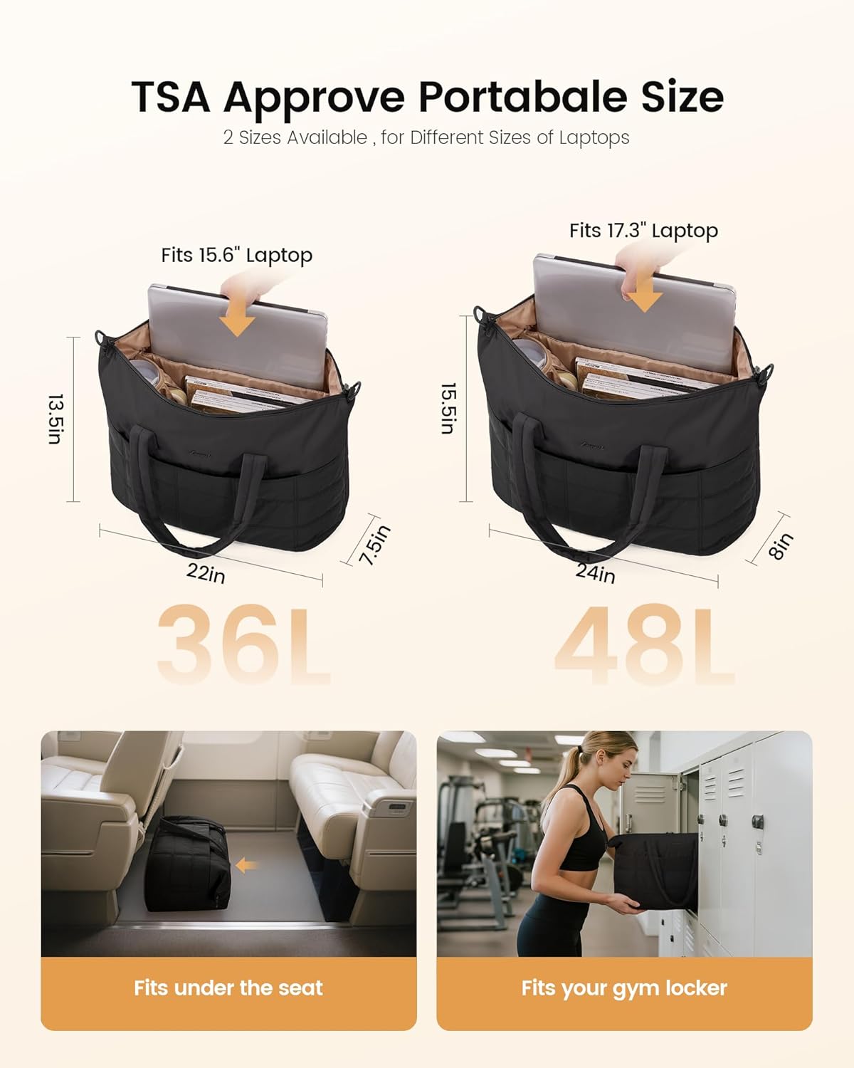 LOVEVOOK Quilted Duffle Bag for Travel,36L Gym Bag for Women with Wet Pocket,Water Resistant Weekender Overnight Bag Tote Bag for Women with Laptop Compartment(Black)