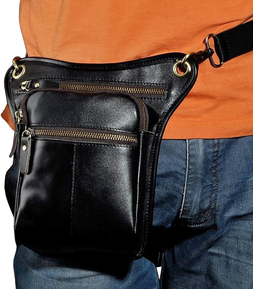 Leather Waist Pack Drop Leg Bag for Men Women Belt Bumbag Multi-Purpose Motorcycle Bike Outdoor Sports Tactical Cycling Riding Hiking Camping Pouch