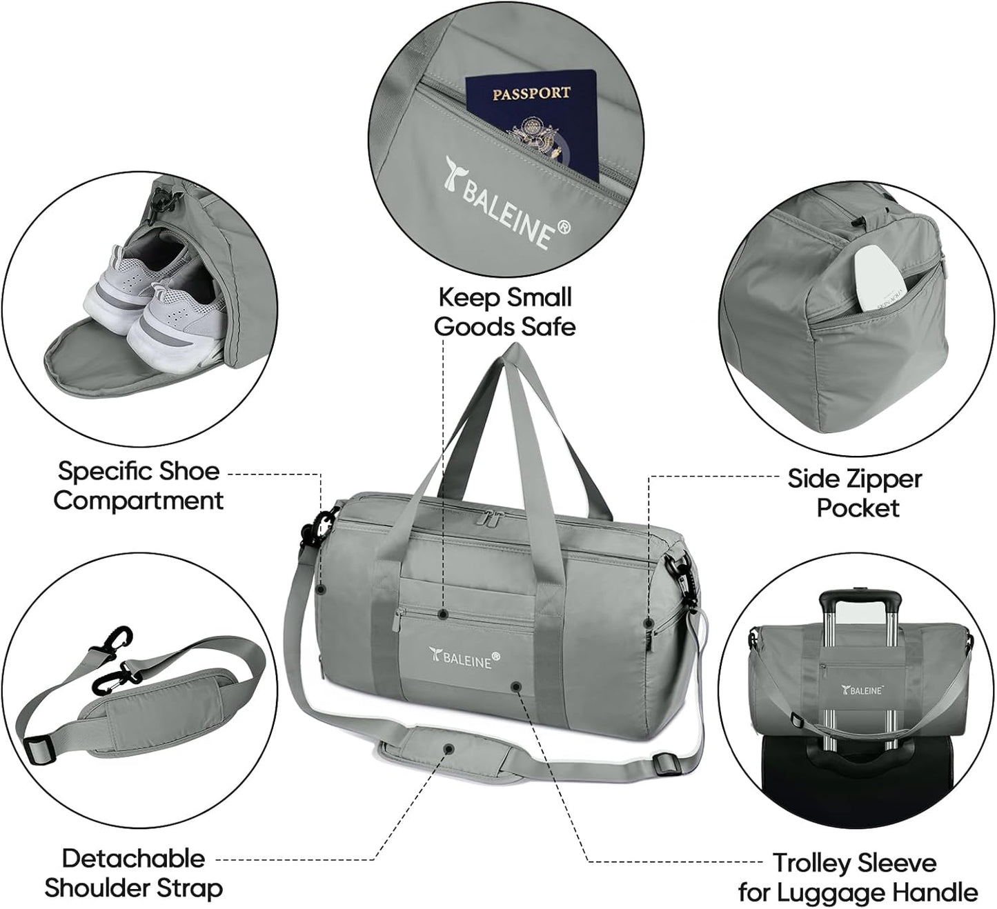 BALEINE Gym Bag for Women and Men, Small Duffel Bag for Sports, Gyms and Weekend Getaway, Waterproof Dufflebag with Shoe and Wet Clothes Compartments, Lightweight Carryon Gymbag (Silver)
