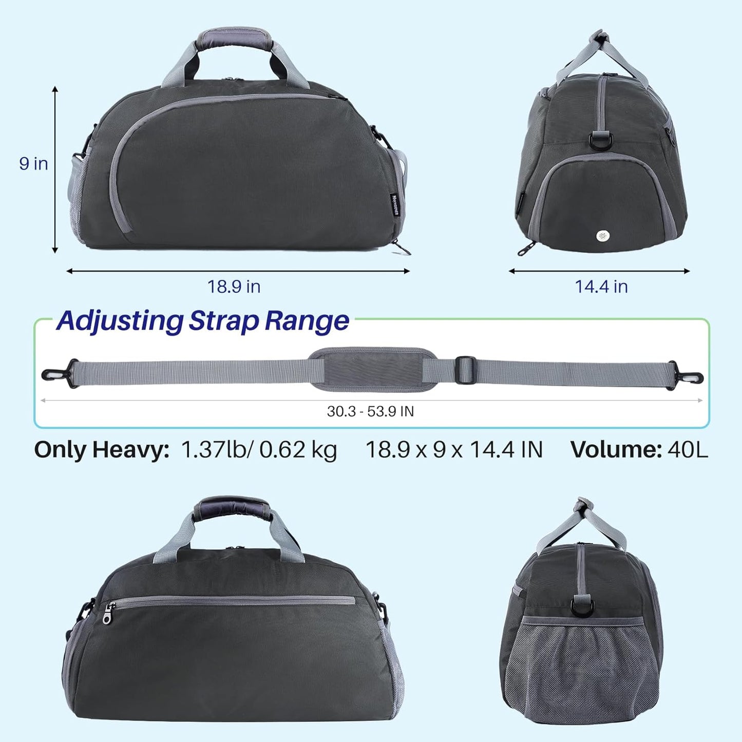 Pickleball Bag with Shoes Compartment & Wet Pocket for Men Women,Water Resistant Sport Gym Bag Small Travel Duffel Weekender Overnight Bags,Dark Grey