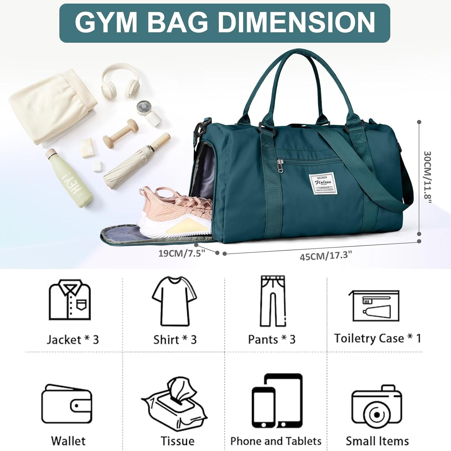Gym Bag for Women with Shoes Compartment,Small Duffel Bag Sport bag with Toiletry Bag Overnight Travel Tote Bags Weekender Carry on Bag Personal Item Bag for Airlines Peacock Blue