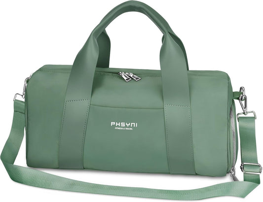 Compact Sports Gym Bag for Women, Cute Mini Duffle Bag with Wet Pocket & Shoes Compartment, Personal Item Travel Workout Bag, 16"-Small, Green