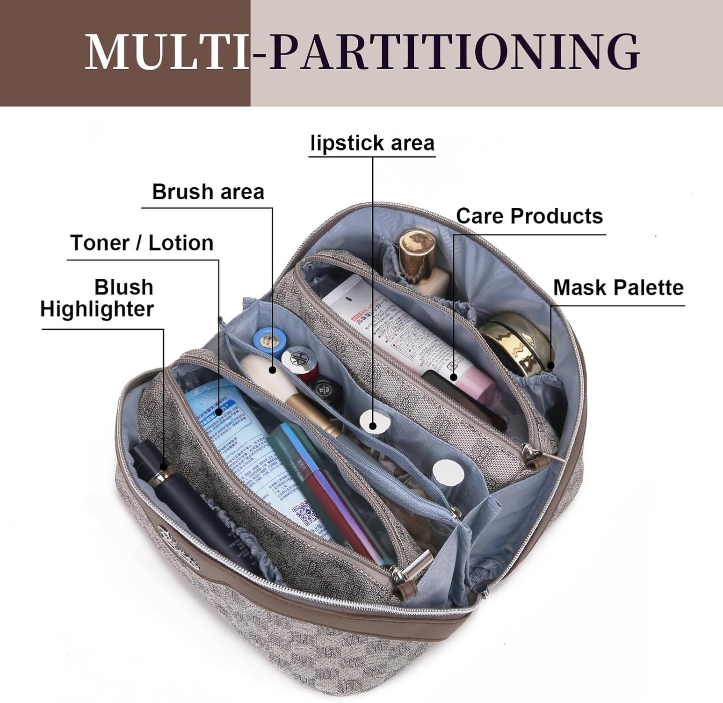 BOYATU Travel Makeup Bag Cosmetic Bags for Women: Large Make up Bags Set of 3 - Portable Makeup Organizer with Compartments&Handle&Divider - Waterproof PU Leather Toiletry Bag(C-1-Light Brown)