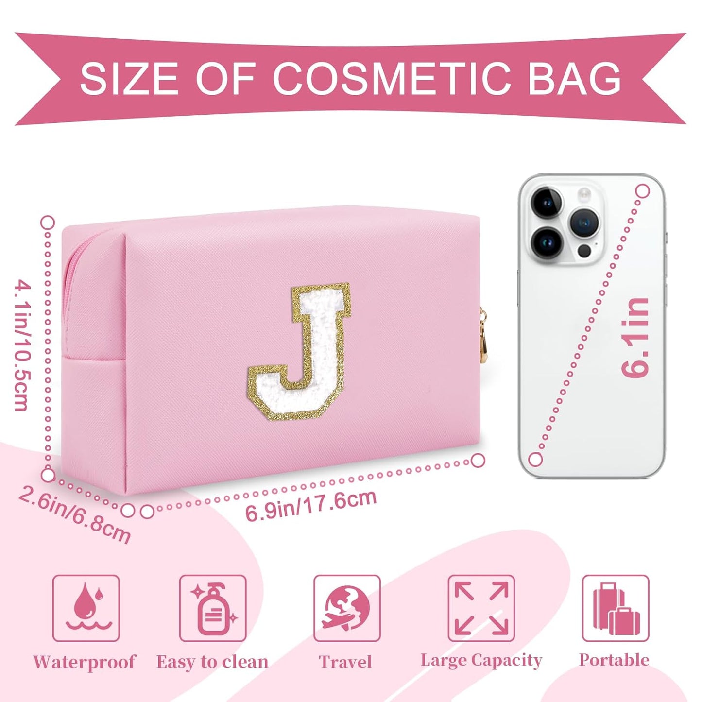 Personalized Initial A-Z Preppy Patch Makeup Bag,Small PU Chenille Letter Cosmetic Bag with Zipper for Teen Girls,Pink Cute Toiletry Organizer Bag,Monogram Makeup Case Gift for Women Girls,Letter J