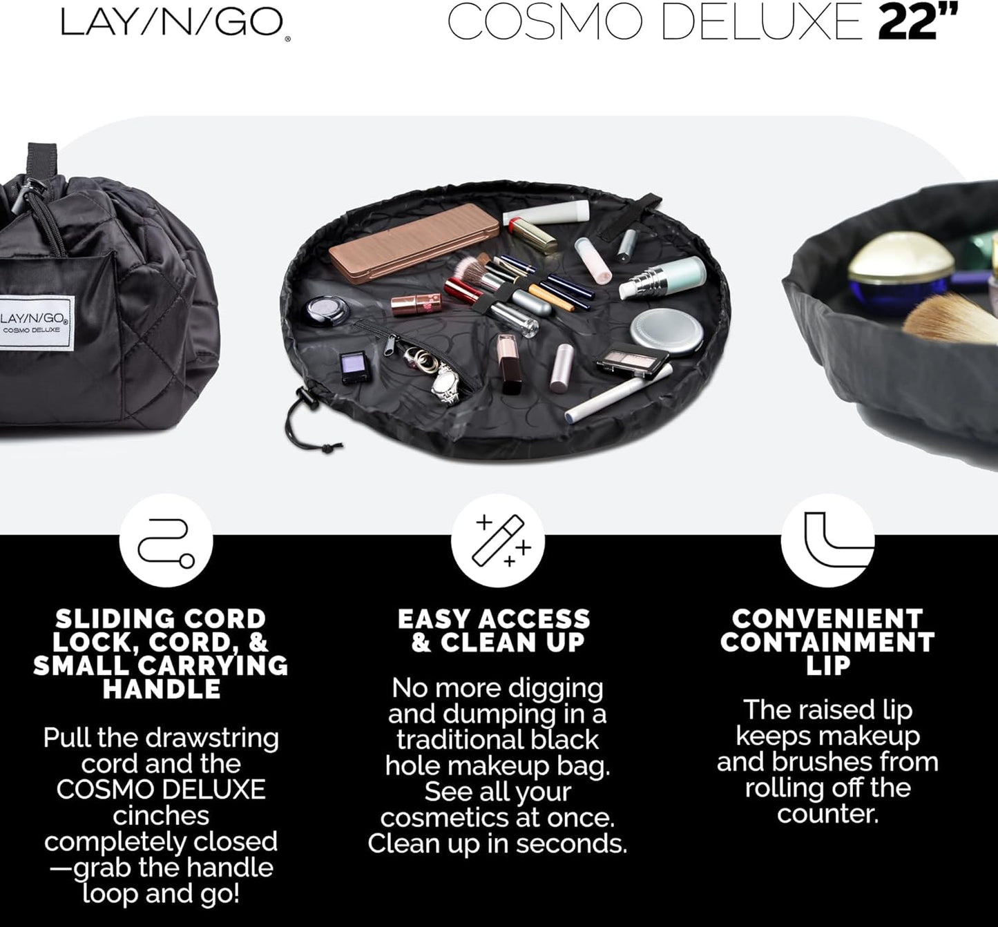 Lay-n-Go Cosmo Layflat Drawstring Cosmetic & Makeup Bag Organizer w/Zipper Pocket, Brush Loops & More, Cinch to Close, Lay Flat to Use, Durable, Machine Wash, Travel Toiletry Bag (22", Purple)