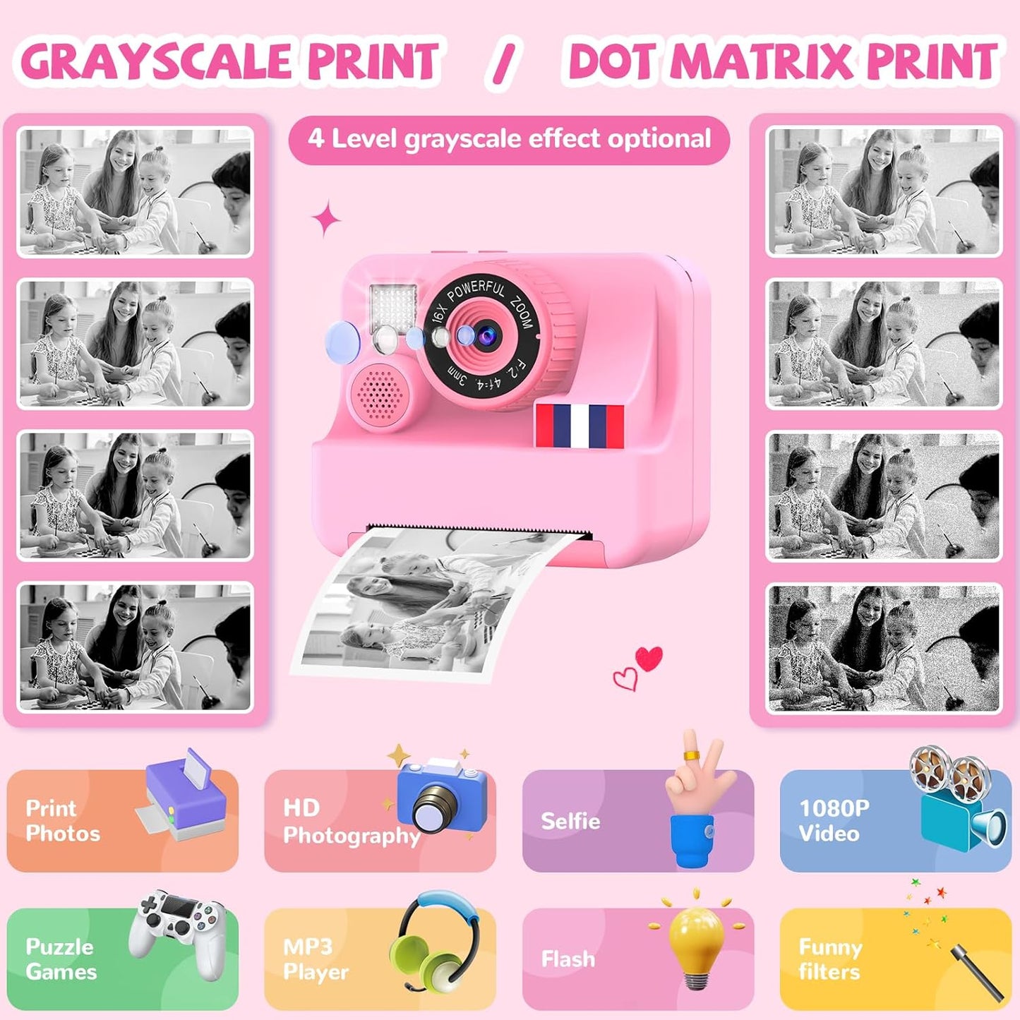 Instant Print Camera for Kids - Christmas Birthday Girls Gifts for Age 3 4 5 6 7 8 9 10 Year Old, 2.4 Inch Screen Kids Instant Camera, Kid Digital Video Cameras Toys with 32 GB SD Card