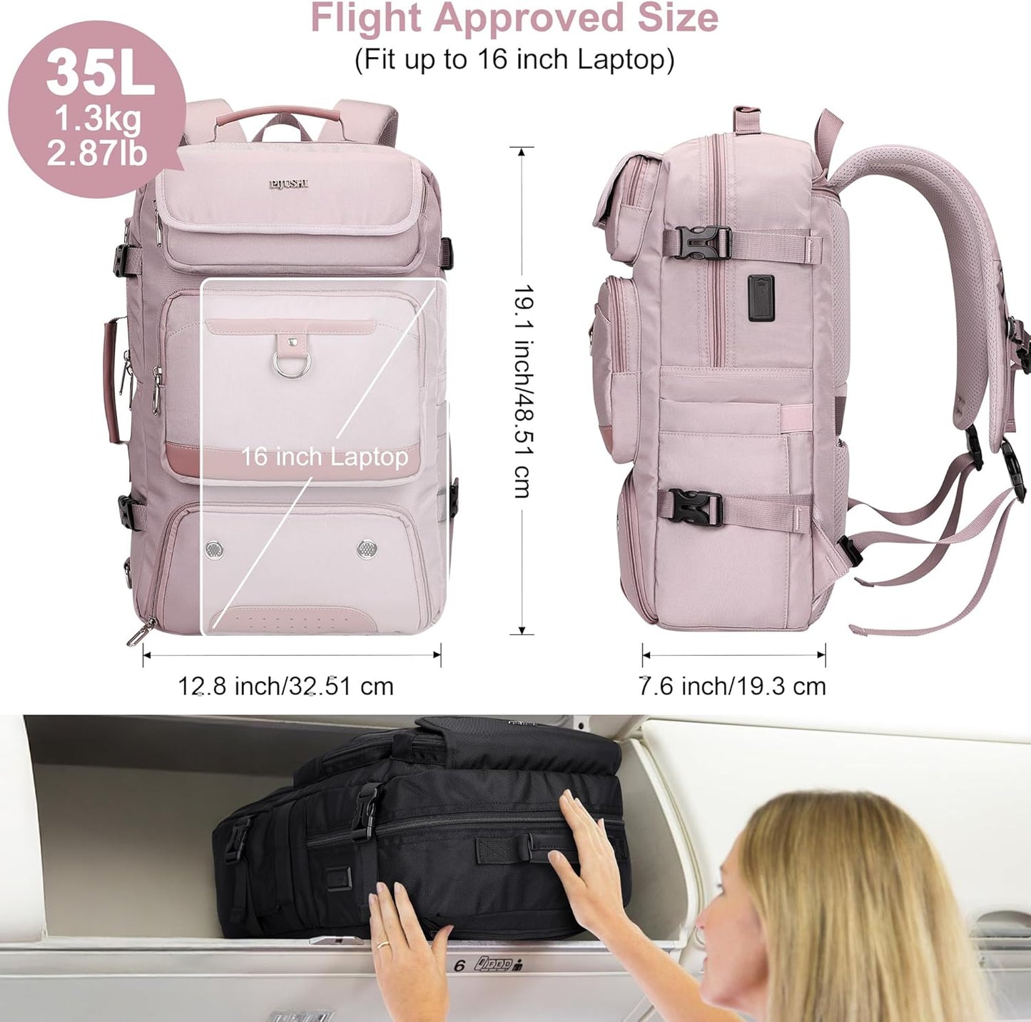 PIJUSHI Carry on Travel Backpack for Women Convertible Duffel Bag Backpack Large Luggage Rucksack Fit 16 Inch Laptop(PE039 Light Purple)