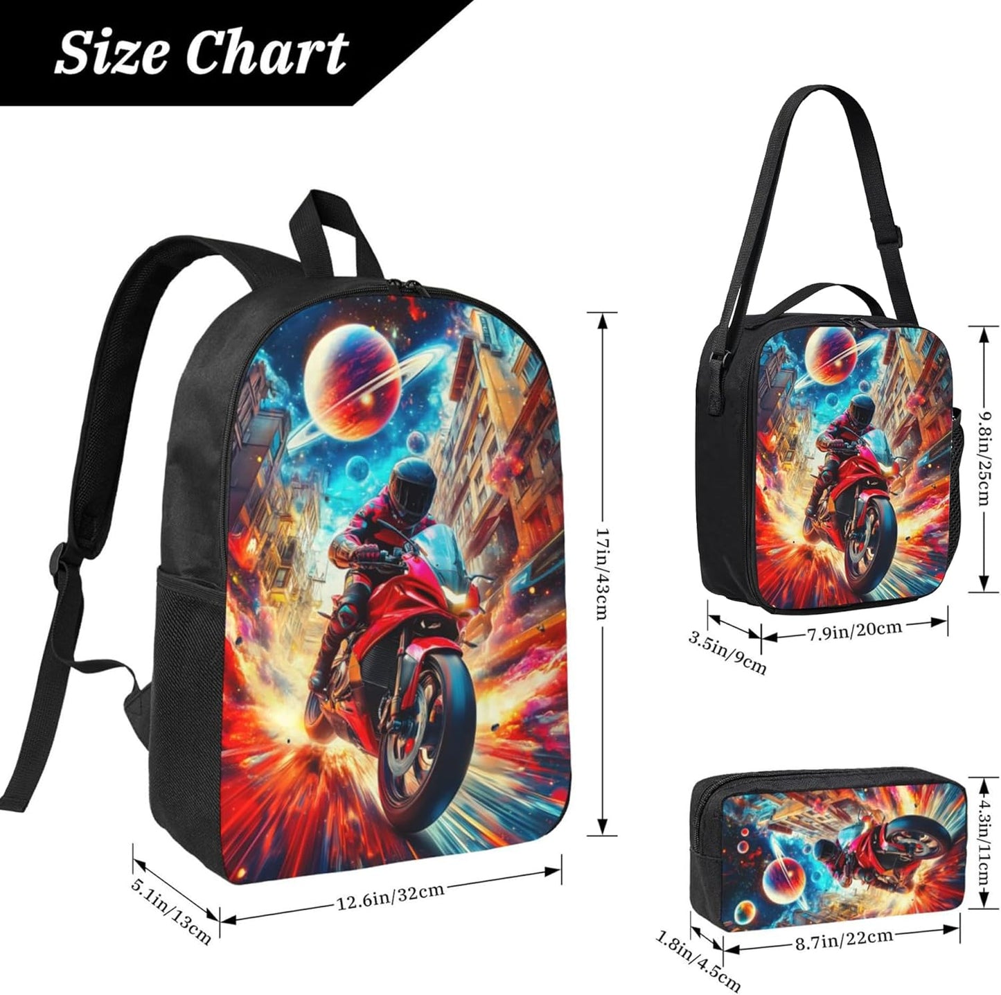 Motorcycle Kid Backpack Set with Lunch Bag & Pencil Case Large Capacity School Bag 17 Inch Bookbag for Boy Girl