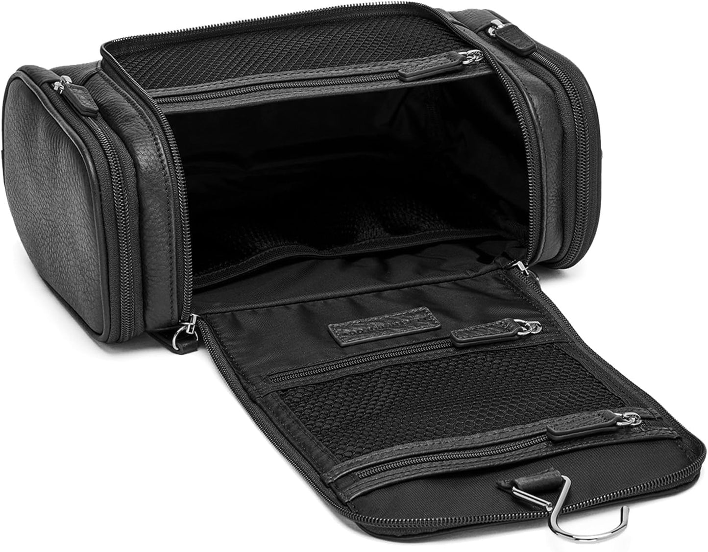 Leatherology Premium Ebony Small Hanging Toiletry Kit – Compact Leather Travel Organizer with Interior Zip Pockets, Mesh Pouches & Hanger | Full-Grain Leather Toiletry Bag for Men & Women