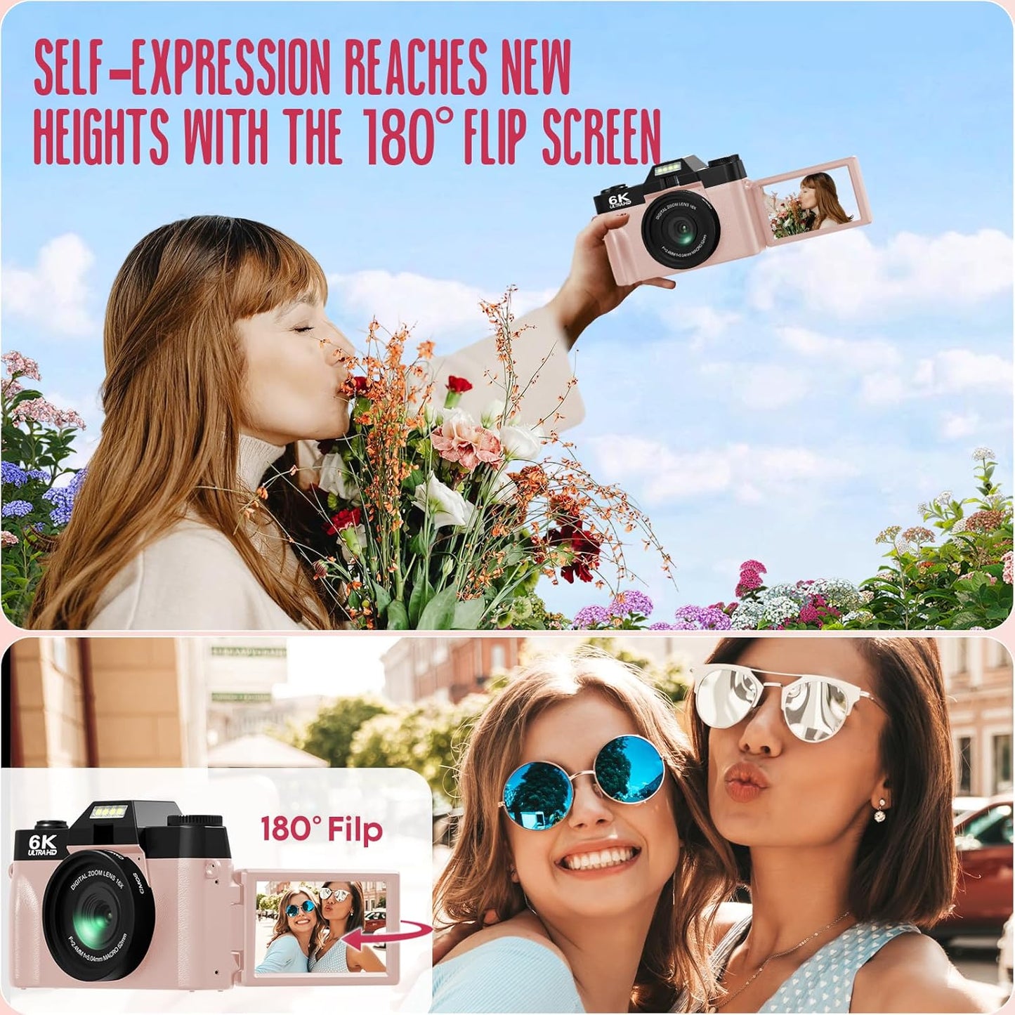 Yatao Digital Cameras for Photography and Vlogging, 6K 64MP Flip Screen, Dual Lens, Microphone for Video, 64GB TF Card, Compact Photo WiFi Camera for YouTube Kit Travel, Beginners (Pink)