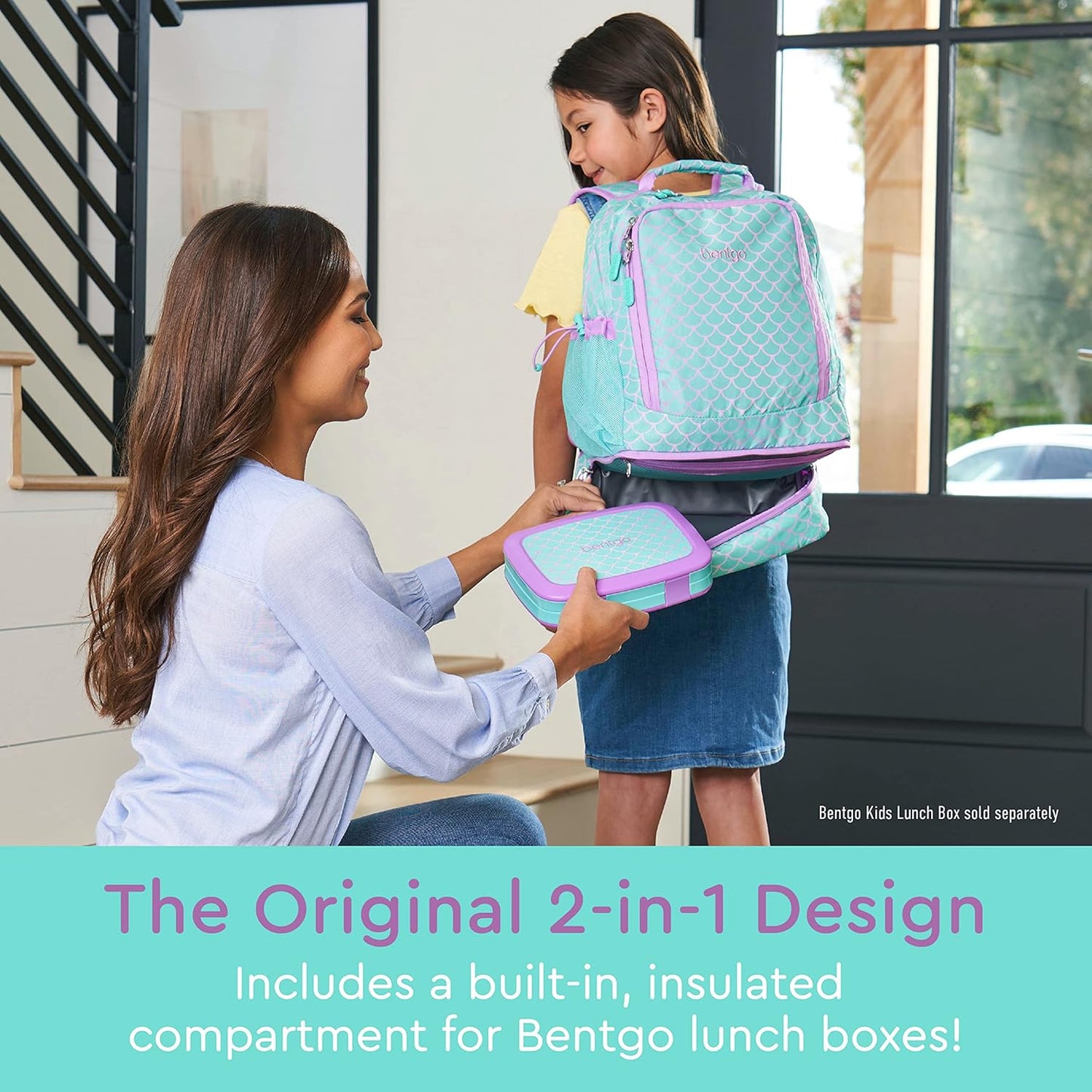 Bentgo Kids 2-in-1 Backpack & Insulated Lunch Bag - Durable 16” Backpack & Lunch Container in Unique Prints for School & Travel - Water Resistant, Padded & Large Compartments (Mermaid Scales)