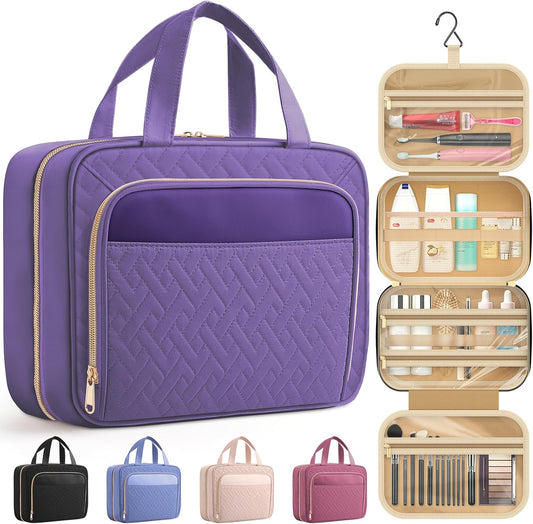 HOTOR Travel Toiletry Bag for Women & Men, Waterproof Makeup Bag with Hanging Hook and Multiple Pockets, Cosmetic Bags for Women, Travel Essentials, 11.2'' x 3.2'' x 8.9'', Dark Purple