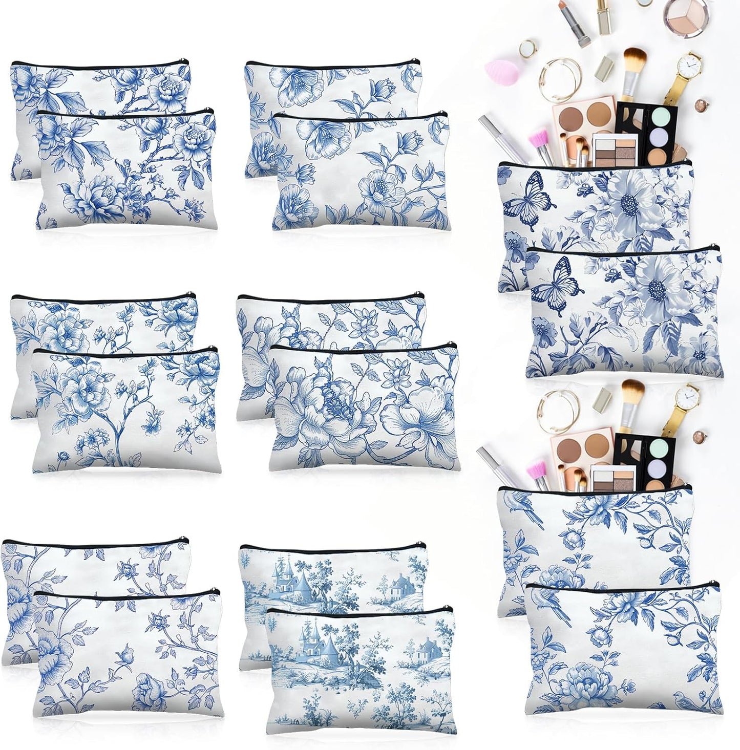 16 Pcs Floral Cosmetic Bags Bulk for Women Blue and White Floral Makeup Bags Chinoiserie Canvas Travel Zipper Pouches Aesthetic Toiletry Bag for Girls Women Bridesmaids Wedding Supplies