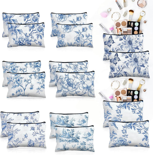 16 Pcs Floral Cosmetic Bags Bulk for Women Blue and White Floral Makeup Bags Chinoiserie Canvas Travel Zipper Pouches Aesthetic Toiletry Bag for Girls Women Bridesmaids Wedding Supplies