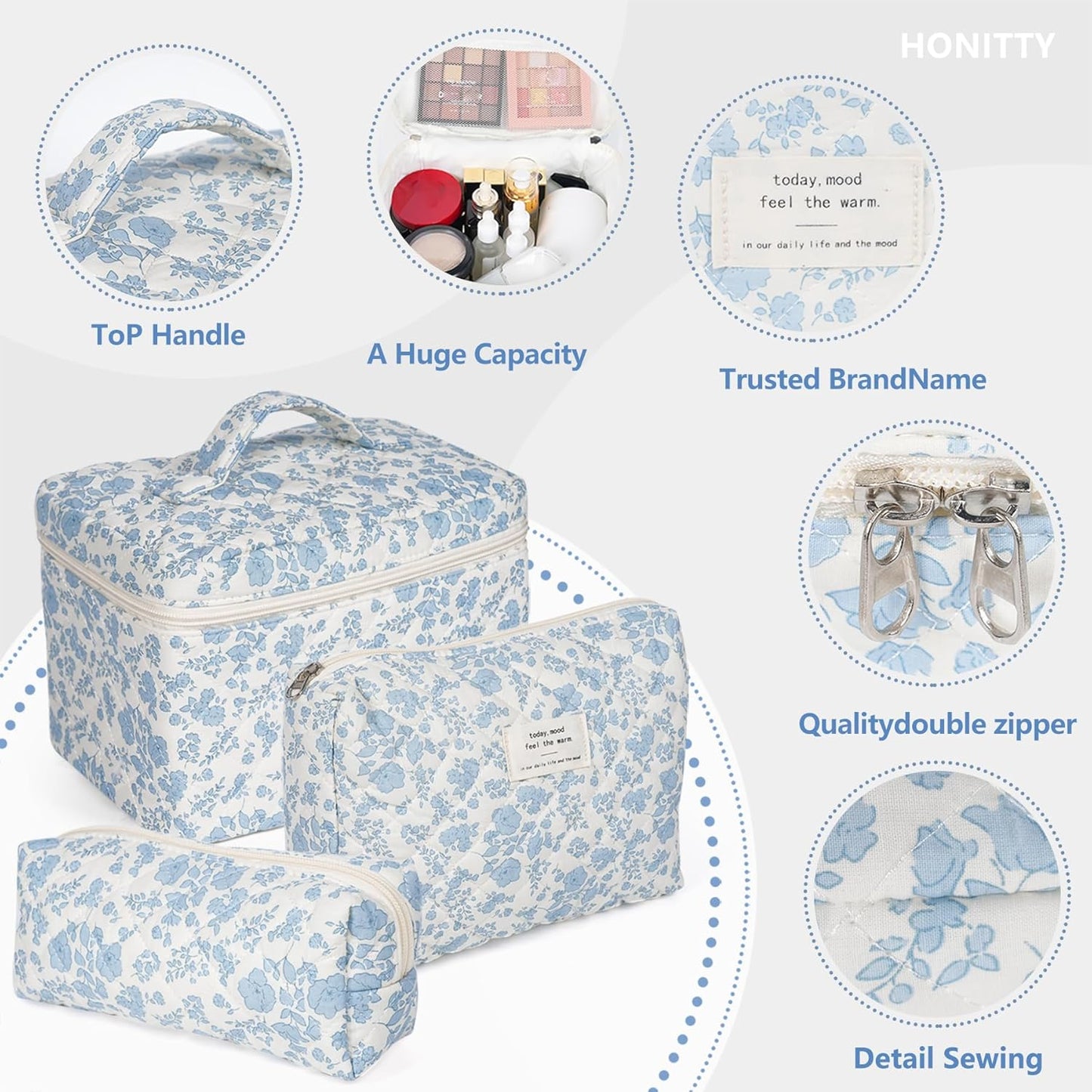 Makeup Bag,Quilted Cosmetic Bag,Large Floral Make Up Bag for Women,Cotton Makeup Bag Set,Flower Travel Toiletry Bag