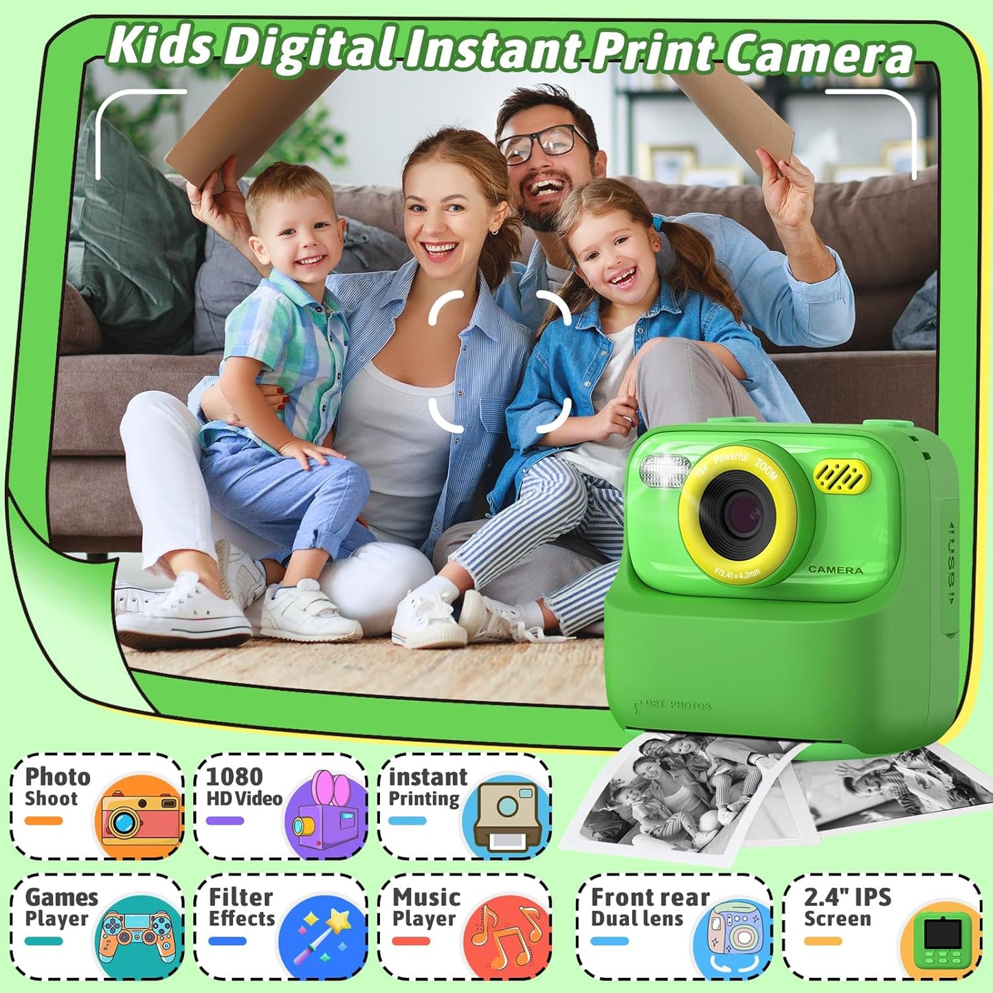 Kids Instant Digital Cameras for Boys and Girls, 1080P HD Dual-Lens Selfie Digital Camera with Print Paper & 32G Card, Christmas Birthday Gifts Toys for Toddler and Teenagers Age 3-16 Years Old