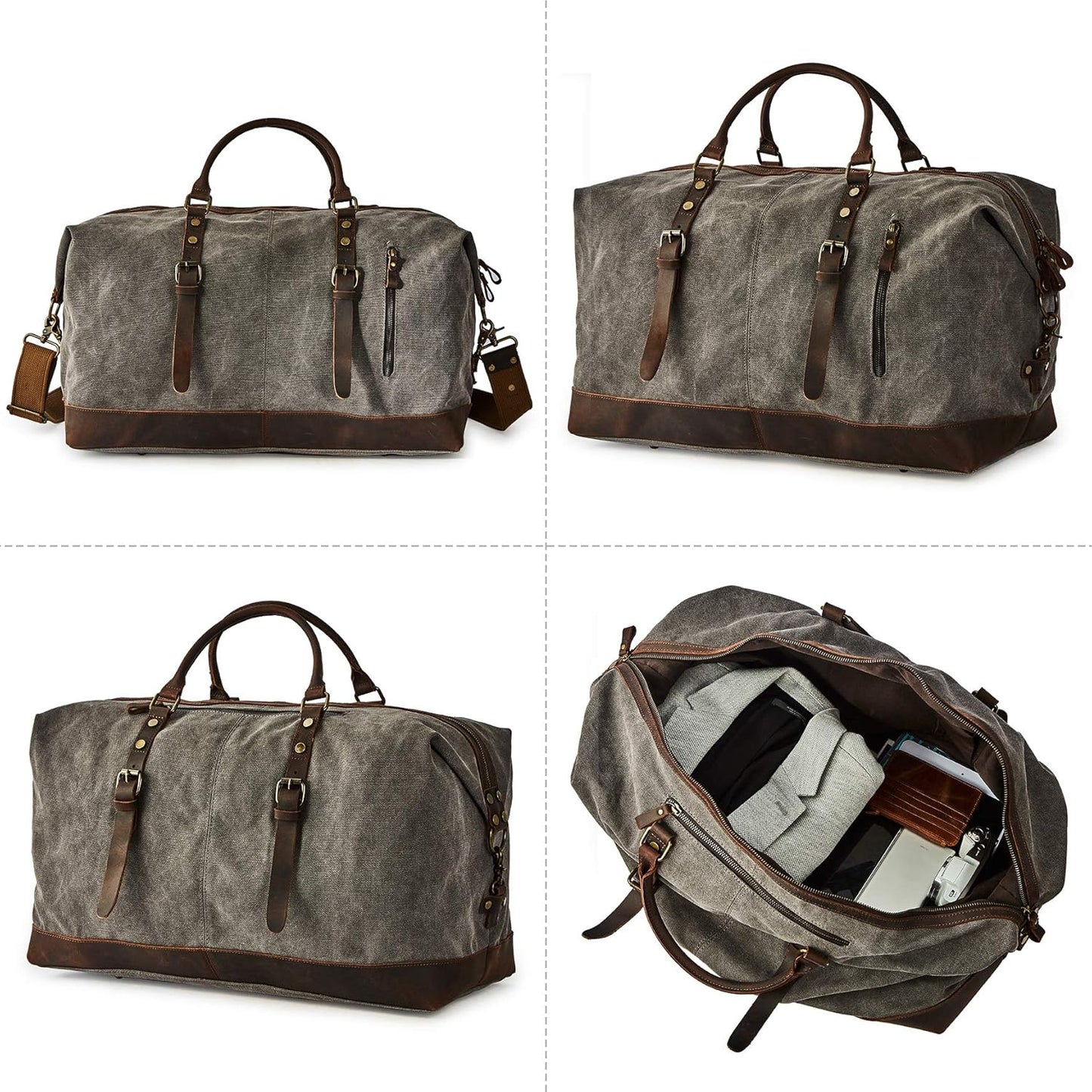 Oversized Canvas Genuine Leather Trim Travel Tote Duffel Shoulder Weekend Bag Weekender Overnight Carryon Handbag