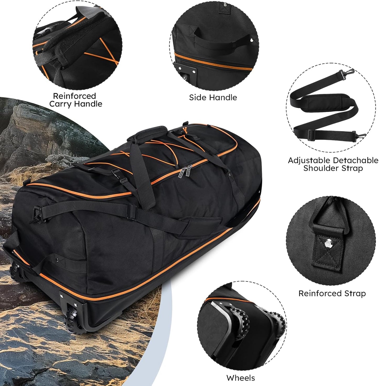 110L Expandable to 140L 32” Foldable Oxford Soft-Sided Rolling Duffle Bag with 2 Heavy-Duty Wheels,3 Large Compartments,Adjustable Shoulder Strap and Attached Organizer Pouch,Black Orange