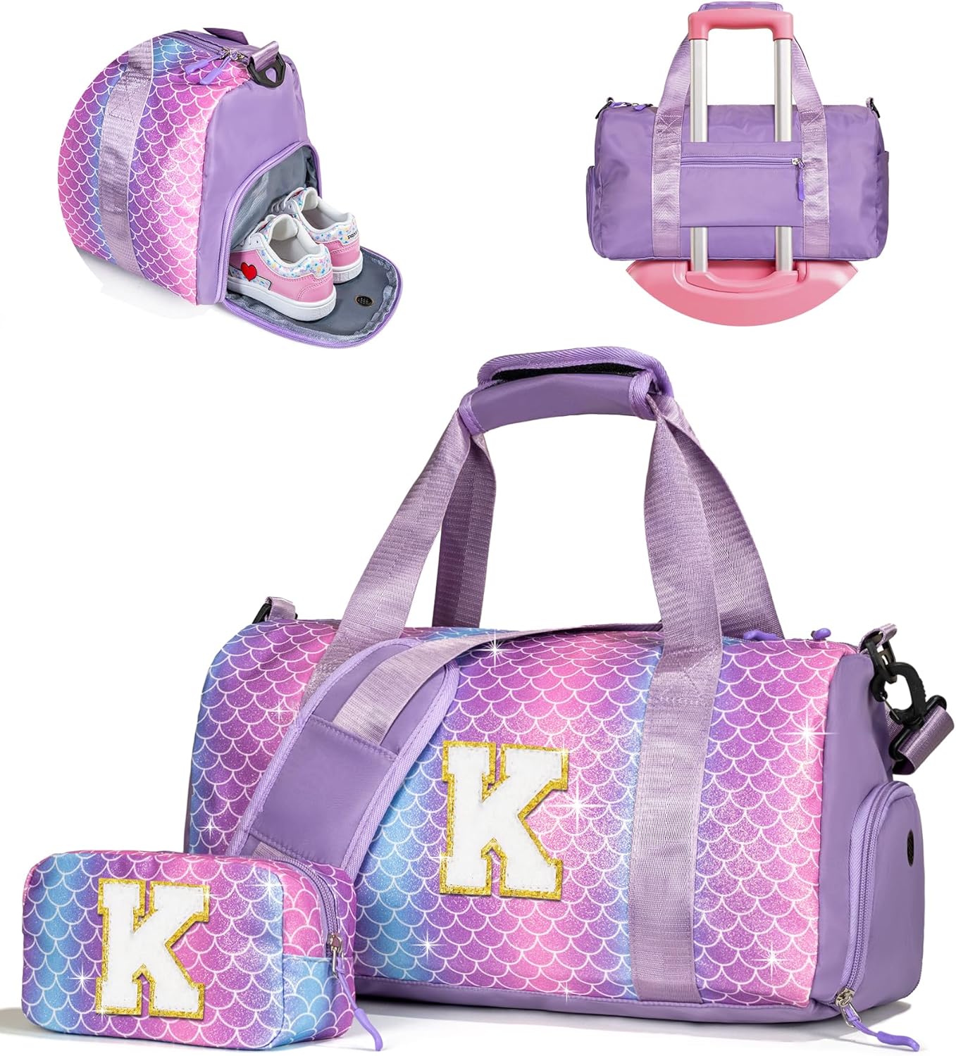 Girls Cheer Up Gifts-Girl Gym Bag with Shoe Compartment, Kid Personalized Weekender Overnight Bags, Initial Travel Tote with Makeup Pouch, Graduation Gift for Niece Kids Daughter (Letter K)
