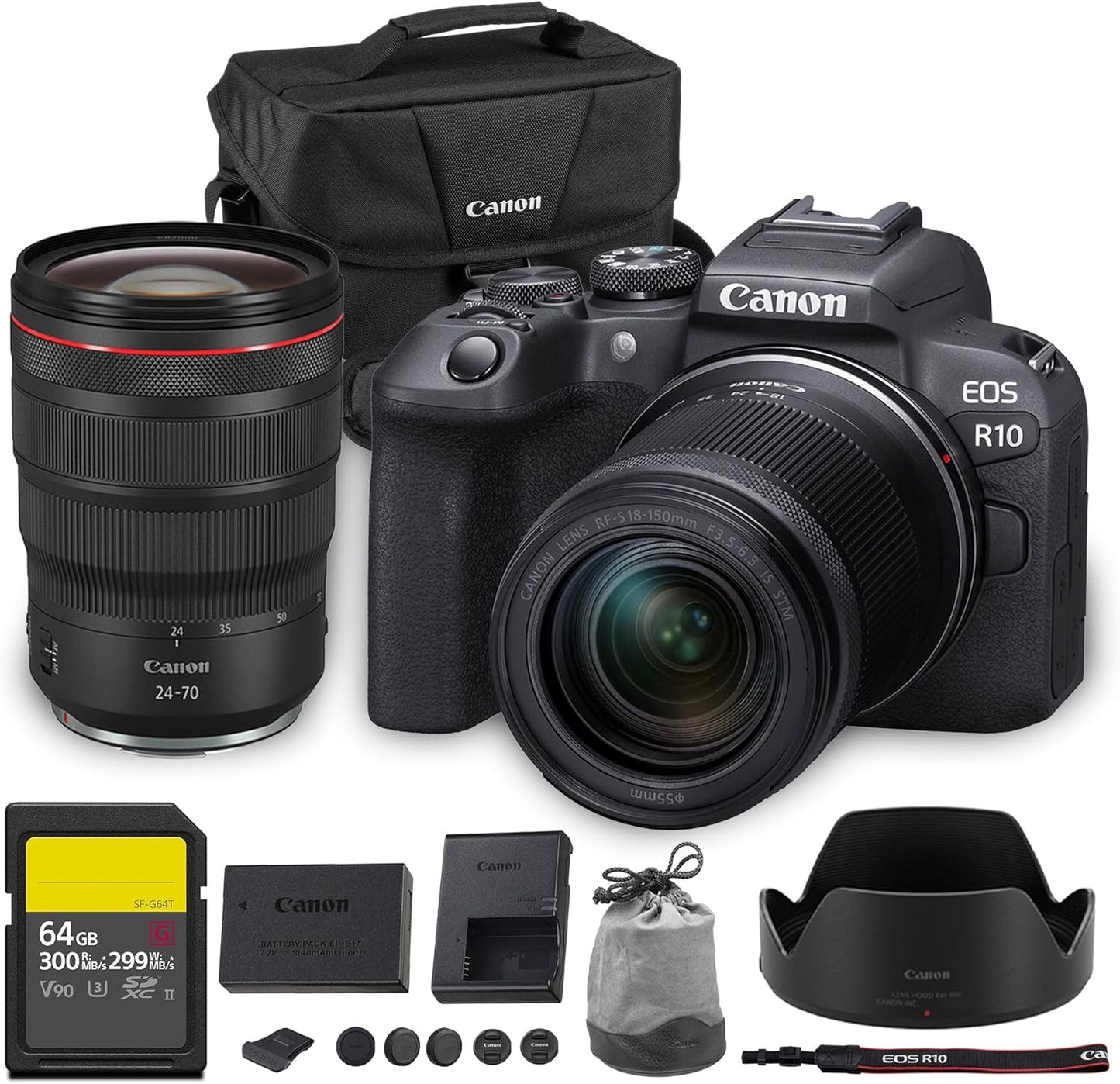Canon EOS R10 Mirrorless Camera Kit | 24.2MP APS-C Sensor with RF-S 18-150mm Lens | 4K Video Dual Pixel AF Compact Travel Photography (5331C016) + Canon RF 24-70mm Lens + 64GB Card + Bag