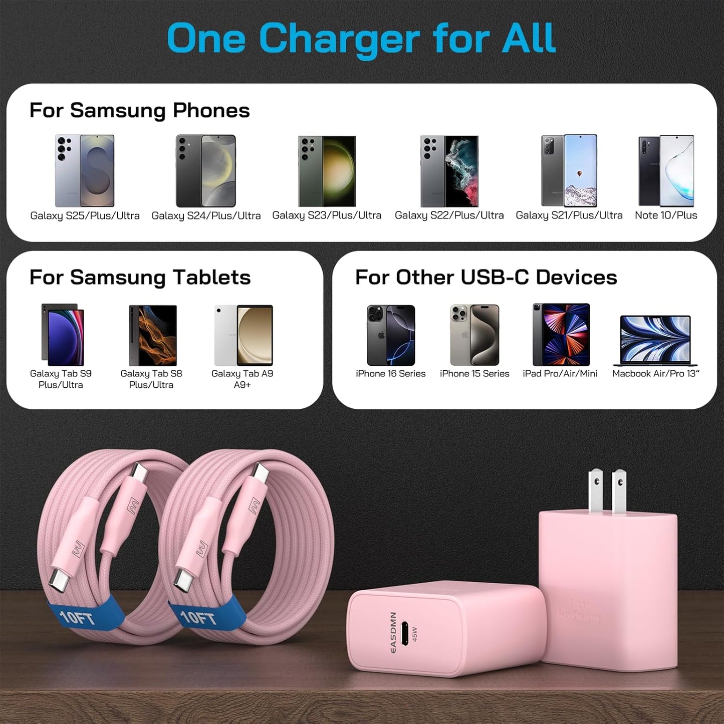 45W Super Fast Charger Type C, [2 Pack] 45 Watt USB-C Charger PD/PPS Wall Charging Block for Samsung Galaxy S25 Ultra/S24/S23 Ultra/S23+/S22 Ultra/S22+/S20 Ultra, Tab S8(Pink, with 2X 10ft Cable)