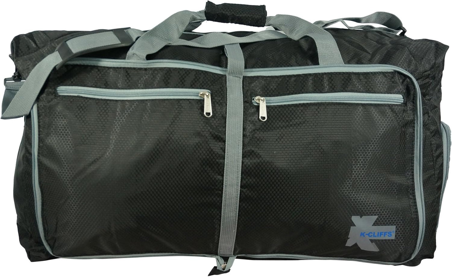 Light Weight Travel Duffel Foldable Heavy Duty Ripstop Sport Tote Gym Bag w/Shoe Pocket Black/Grey Large