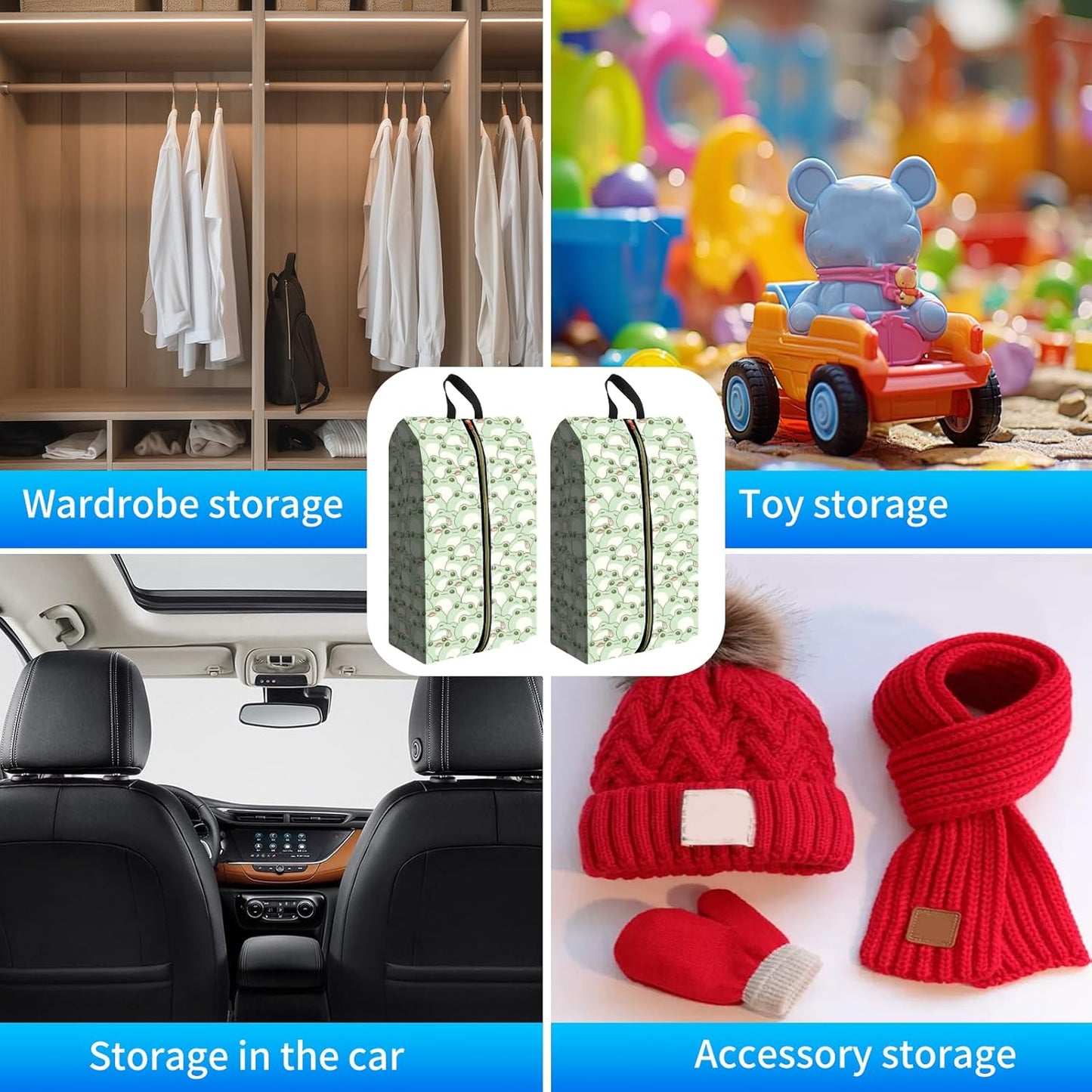 2pcs Shoe Organizer for Travel, Packing Shoe Travel Bags, Cute Shoe Bag with Zipper & Handle, Portable Travel Essentials for Women and Men Green Frogs