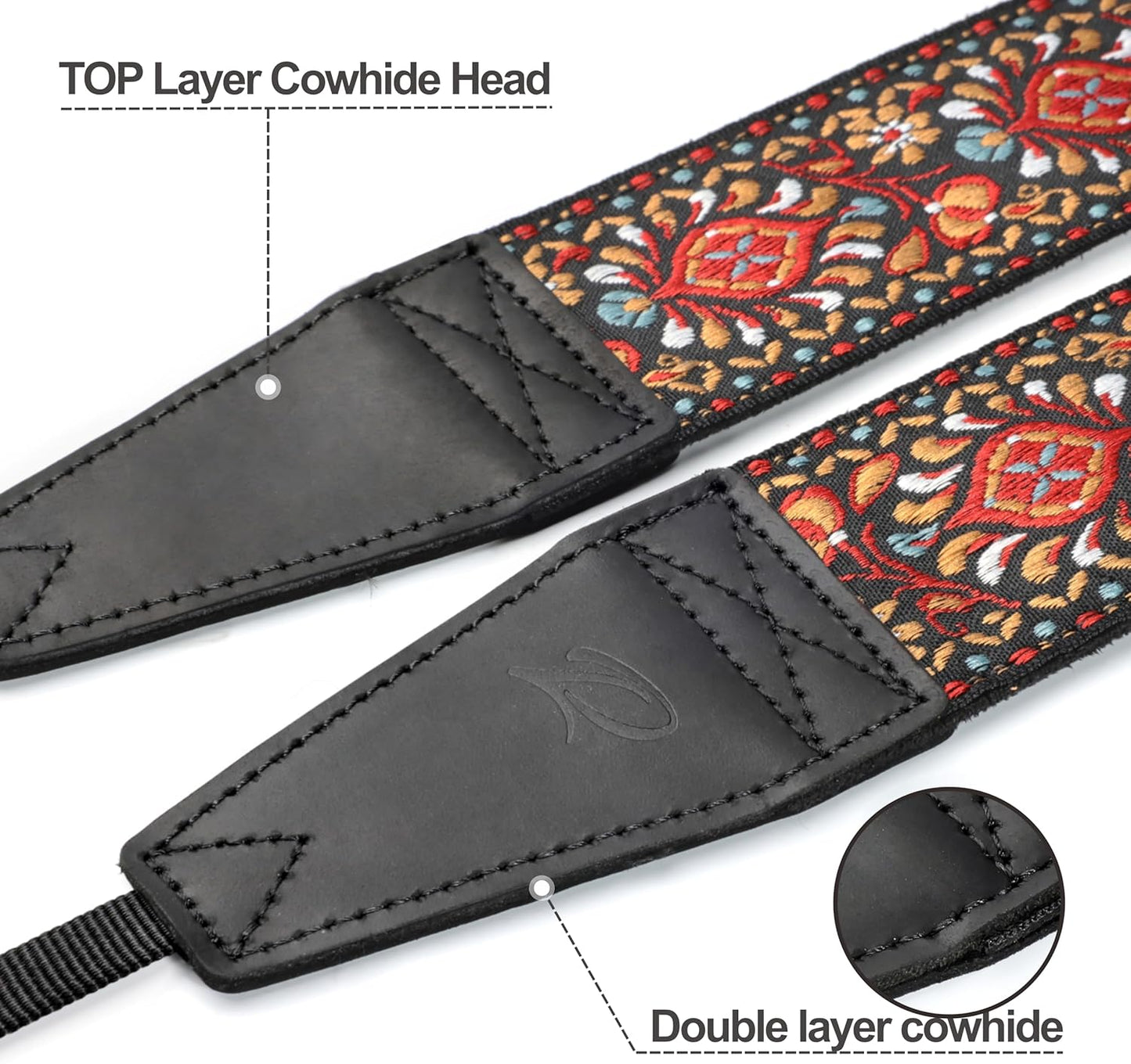 Padwa Lifestyle Red Flower Camera Strap - 2" Full Grain Leather Ends Camera Straps for Photographers, Vintage Embroidered Cotton Weave Soft Suede Fabric Padded Strap Quick Release fits All Cameras