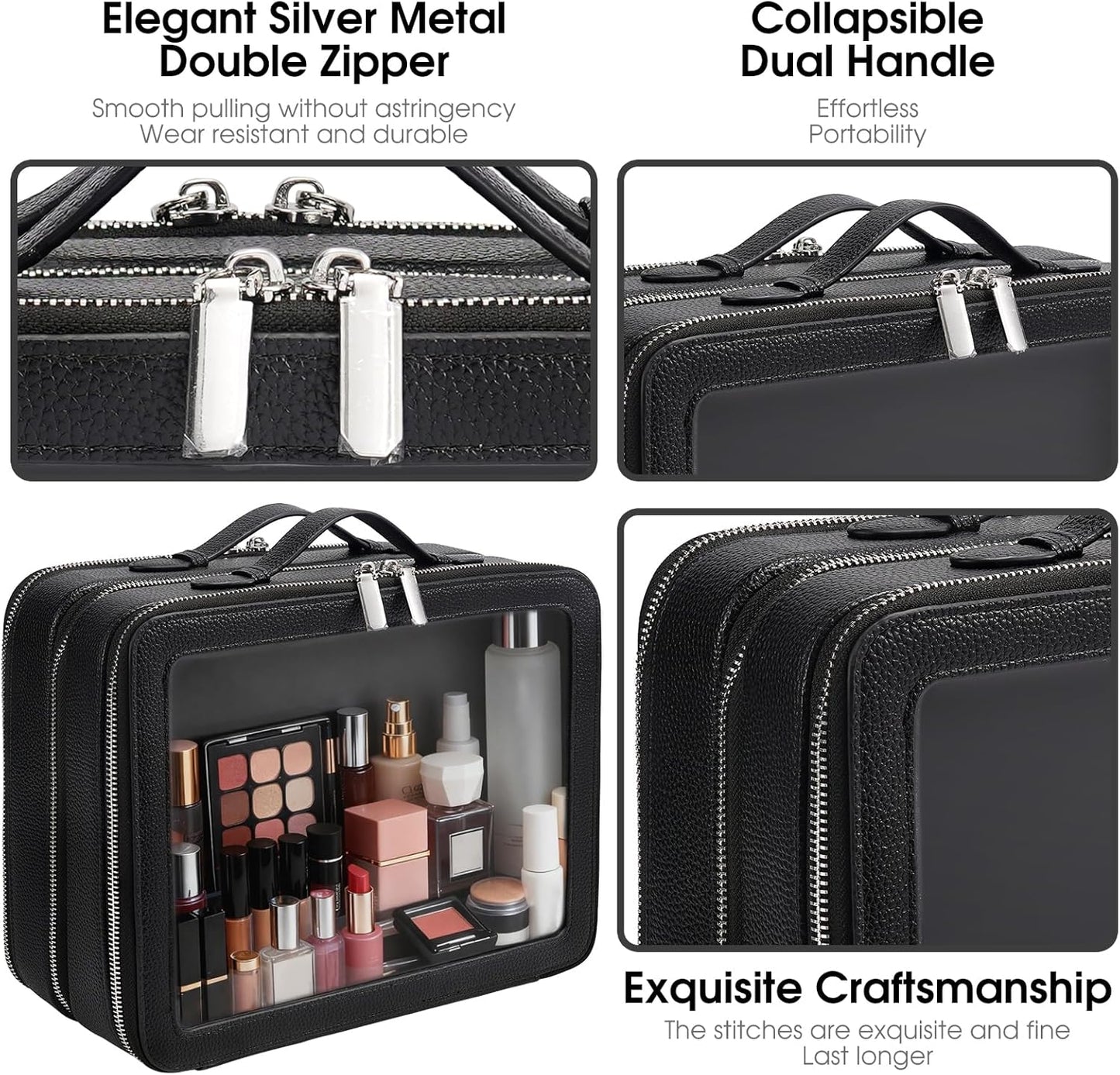 Clear Makeup Bag,Large Toiletry Case for Women,PU Leather Travel Cosmetic Bag,Detachable Makeup Case,Double Compartment Make up Organizer