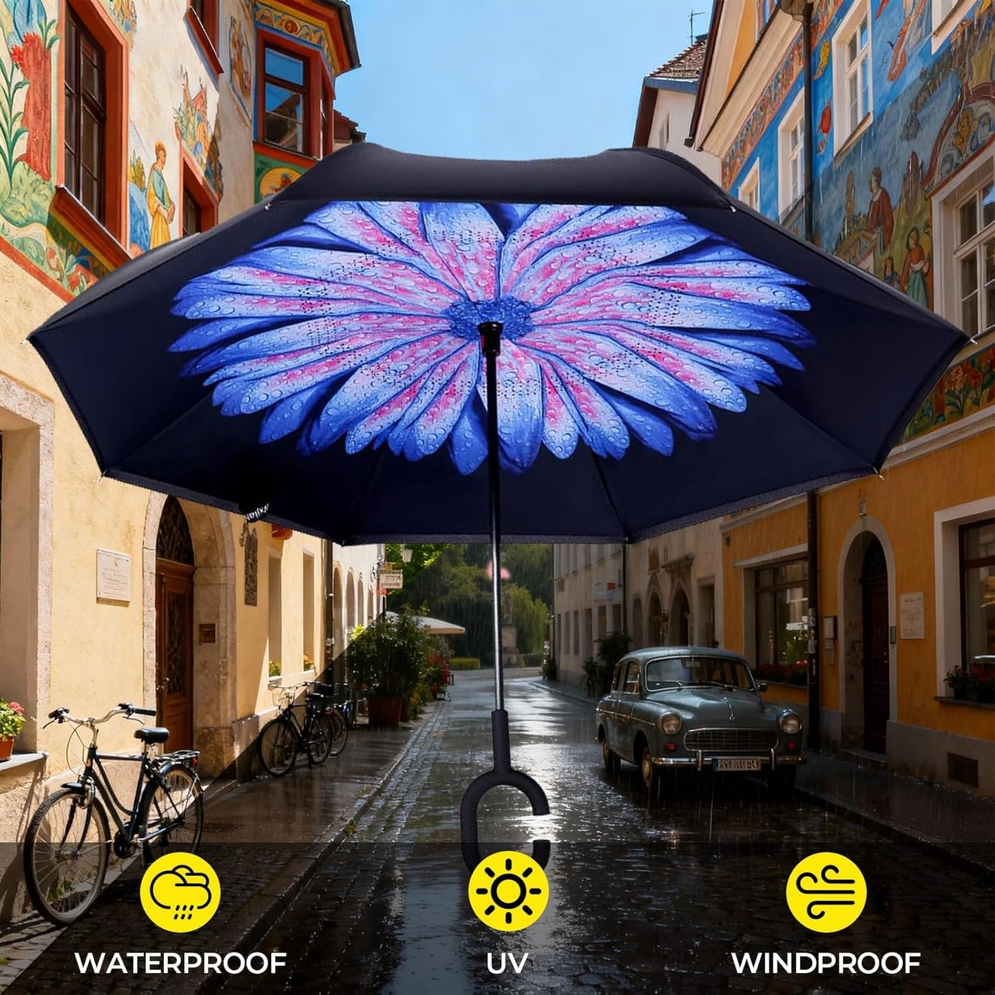 LLanxiry Windproof Inverted Umbrella, Large Reverse Umbrellas for Rain with C-shaped Handle Big Upside Down Inside Out Umbrella for Women & Men