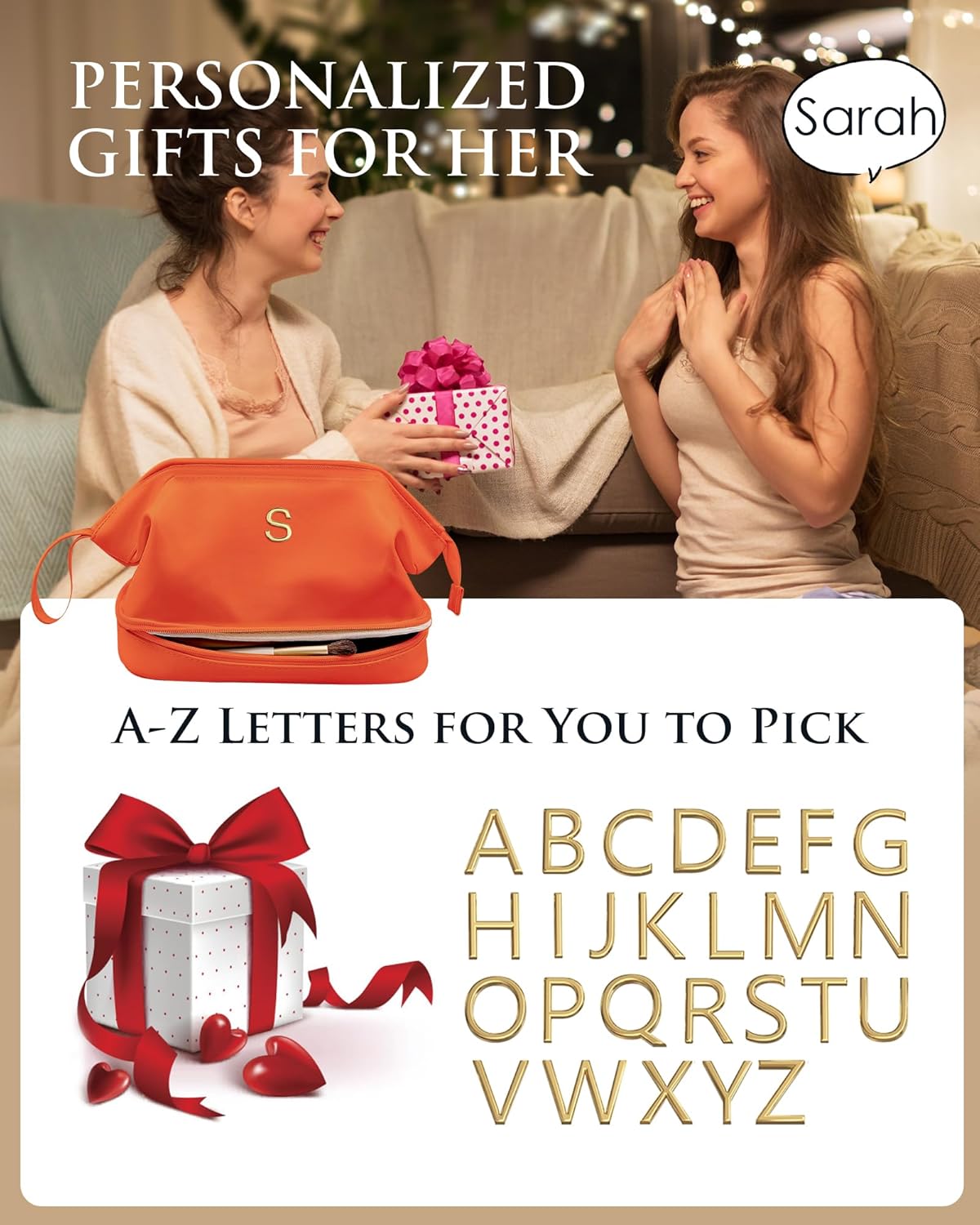 Travel Essentials for Friends Female Mom, Personalized Makeup Bag, Double Layer Cosmetic Bag with Makeup Brush Organizer, Waterproof, Large Capacity PU Leather Toiletry Bag Customized Gifts