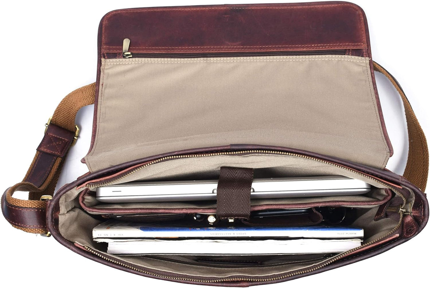 16" Crossbody Bag Leather Laptop Messenger Bag For Men with trolley sleeve for school office (Walnut)