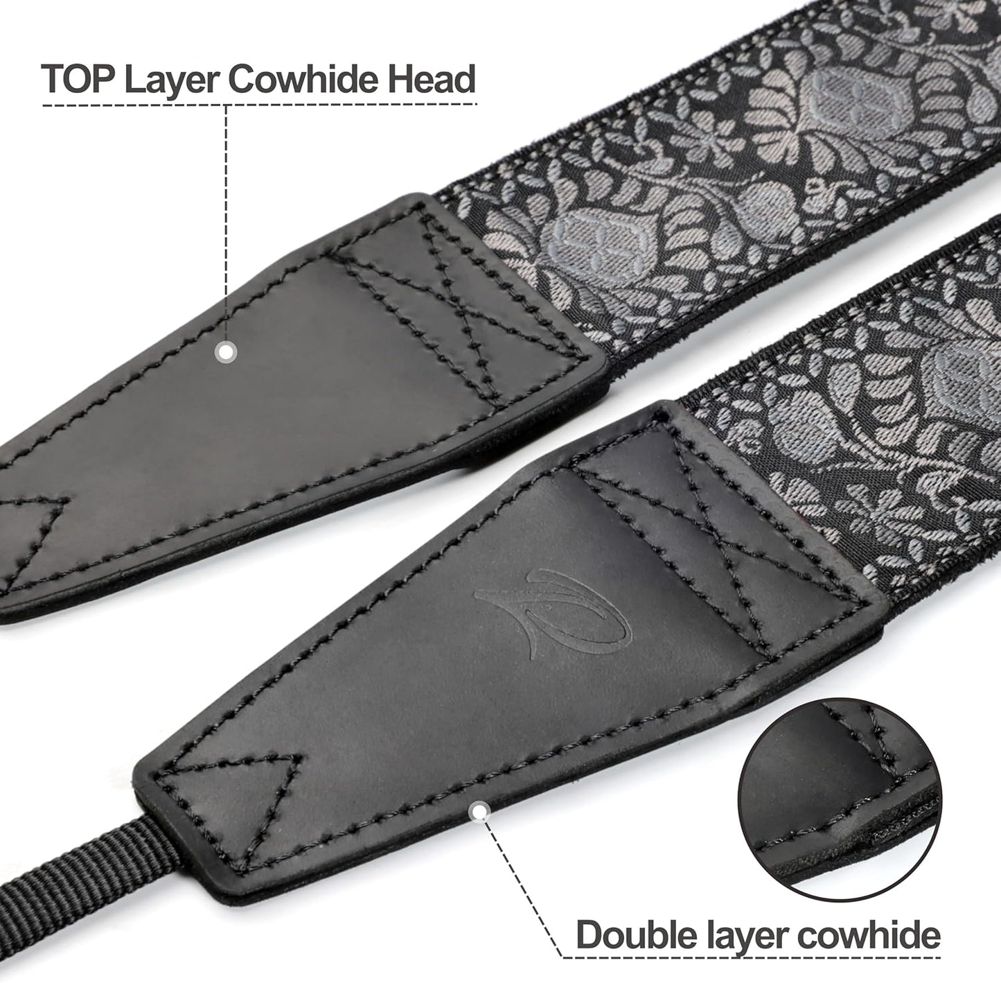 Padwa Lifestyle Gray Flower Camera Strap - 2" Full Grain Leather Ends Camera Straps for Photographers, Vintage Embroidered Cotton Weave Soft Suede Fabric Padded Strap Quick Release fits All Cameras