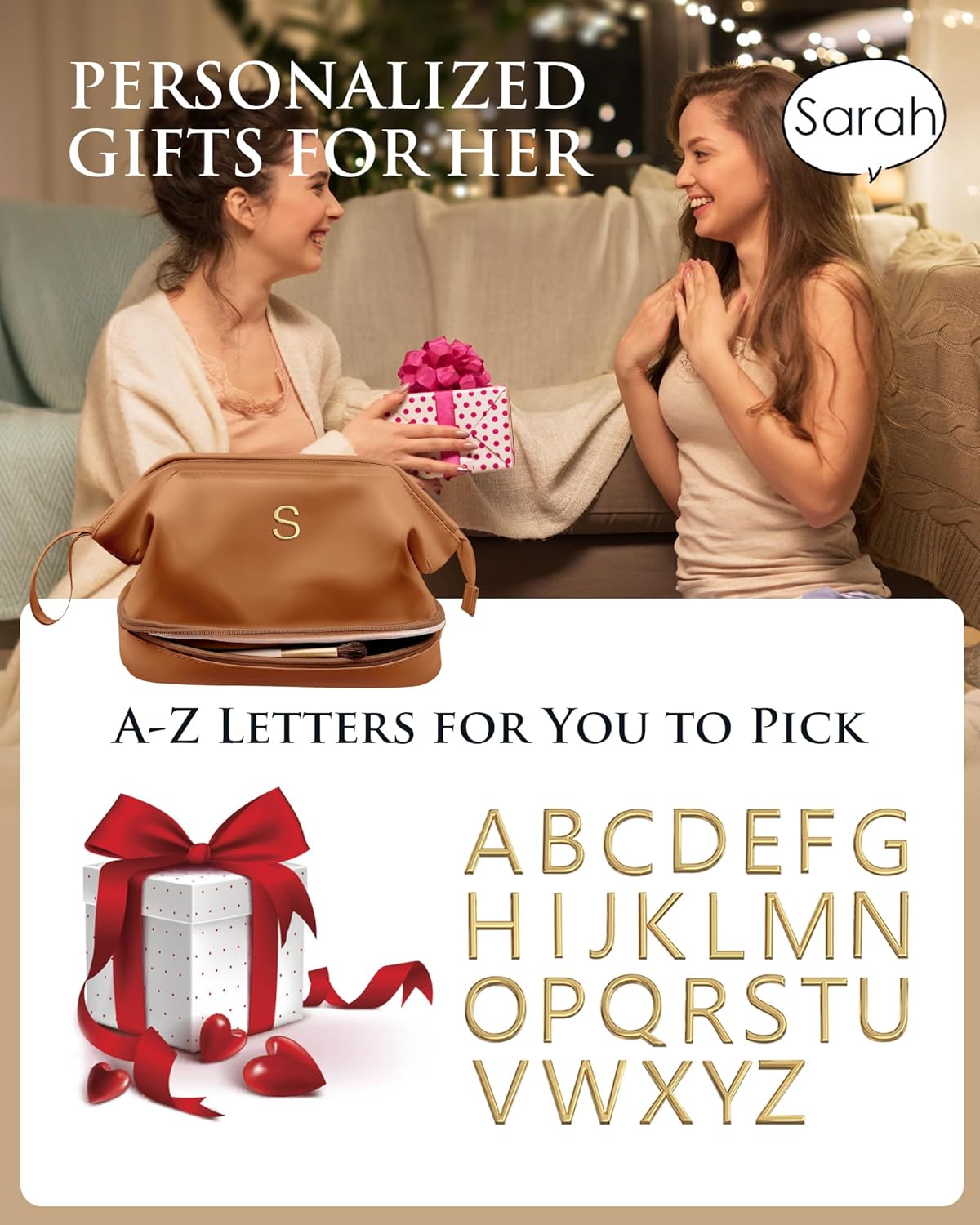 Cool Girl Gifts for Women, Personalized Makeup Bag, Monogrammed Gifts, Initial Double Layer Cosmetic Bag with Makeup Brush Organizer, Travel Toiletry Bag, Gifts for Friends, Teen Girl Gifts