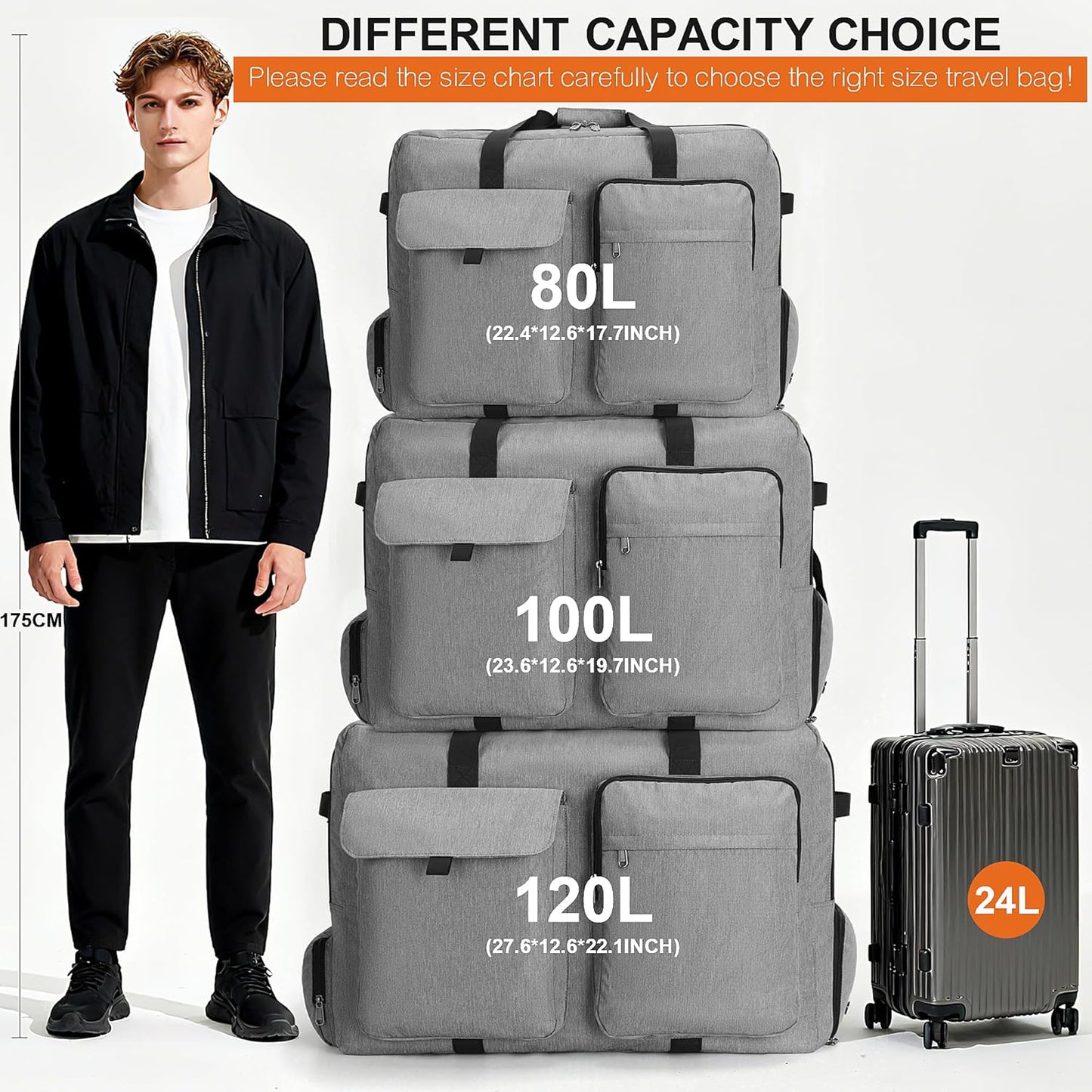 Large Travel Duffle Bag for Men Women, 80L 100L 120L Foldable Waterproof Duffle Bag, Packable Bag with Shoes Compartment for Overnight Gym Weekender Bag (Gray, 80L)