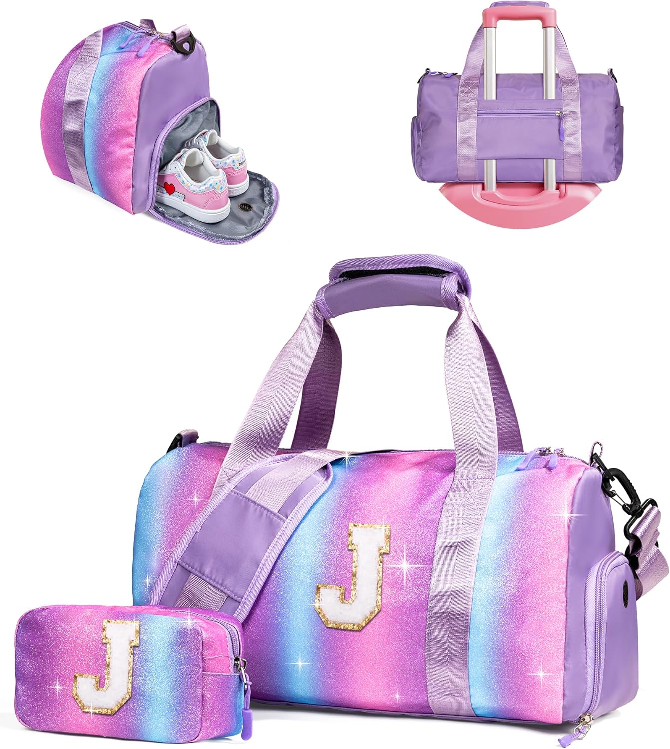 Teen Girls Birthday Gifts-Girl Gym Bag with Shoe Compartment, Kid Personalized Weekender Overnight Bags, Initial Travel Tote with Makeup Pouch, Birthday Gift for Sister Daughter (Letter J)