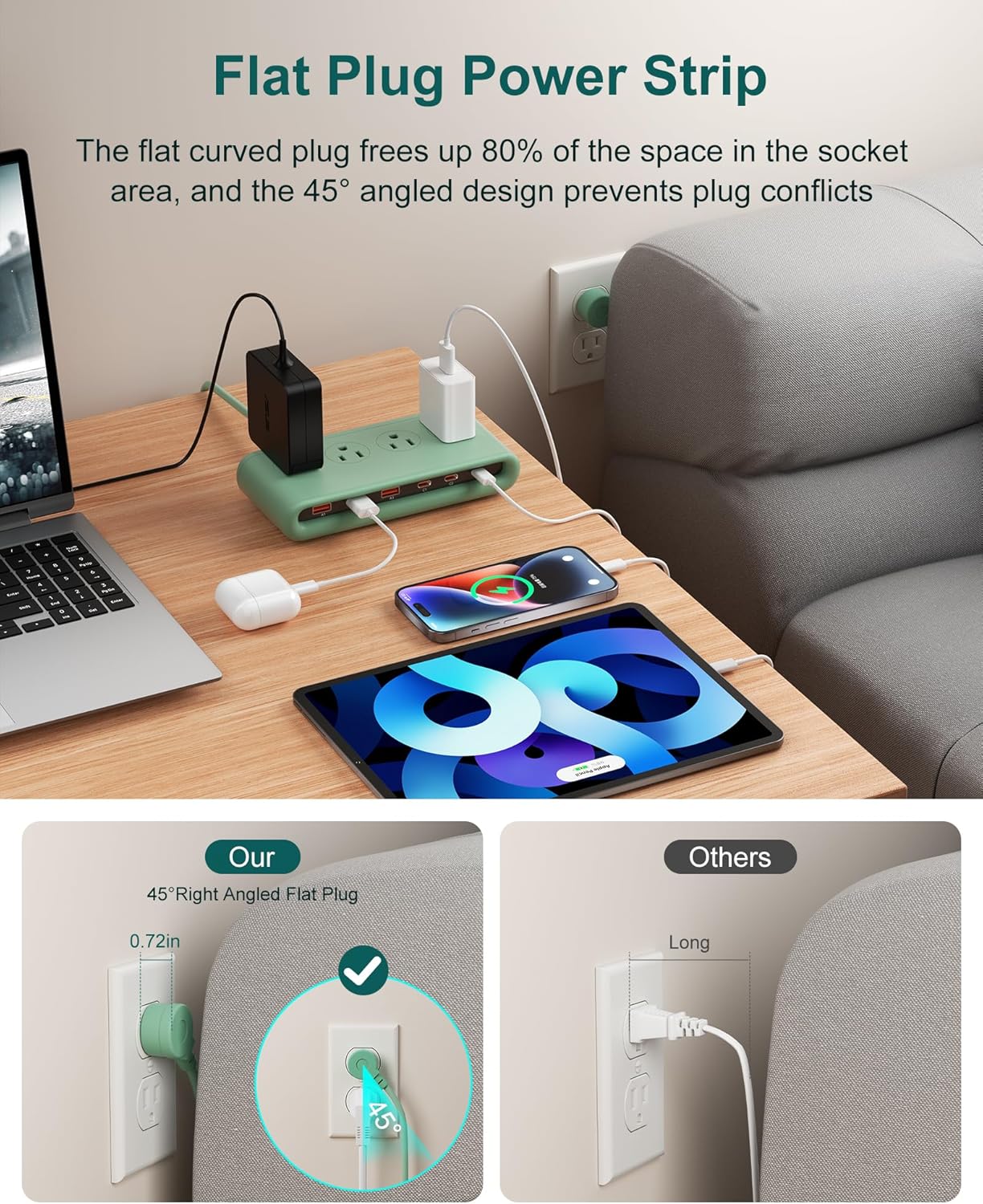 10 in 1 Flat Plug Power Strip with USB C, PD20W Fast Charging Station with 4 Outlets and 6 USB Port（3 Type C+3 USB A, 5ft Extension Cord, Non Surge Protector for Travel (Green)