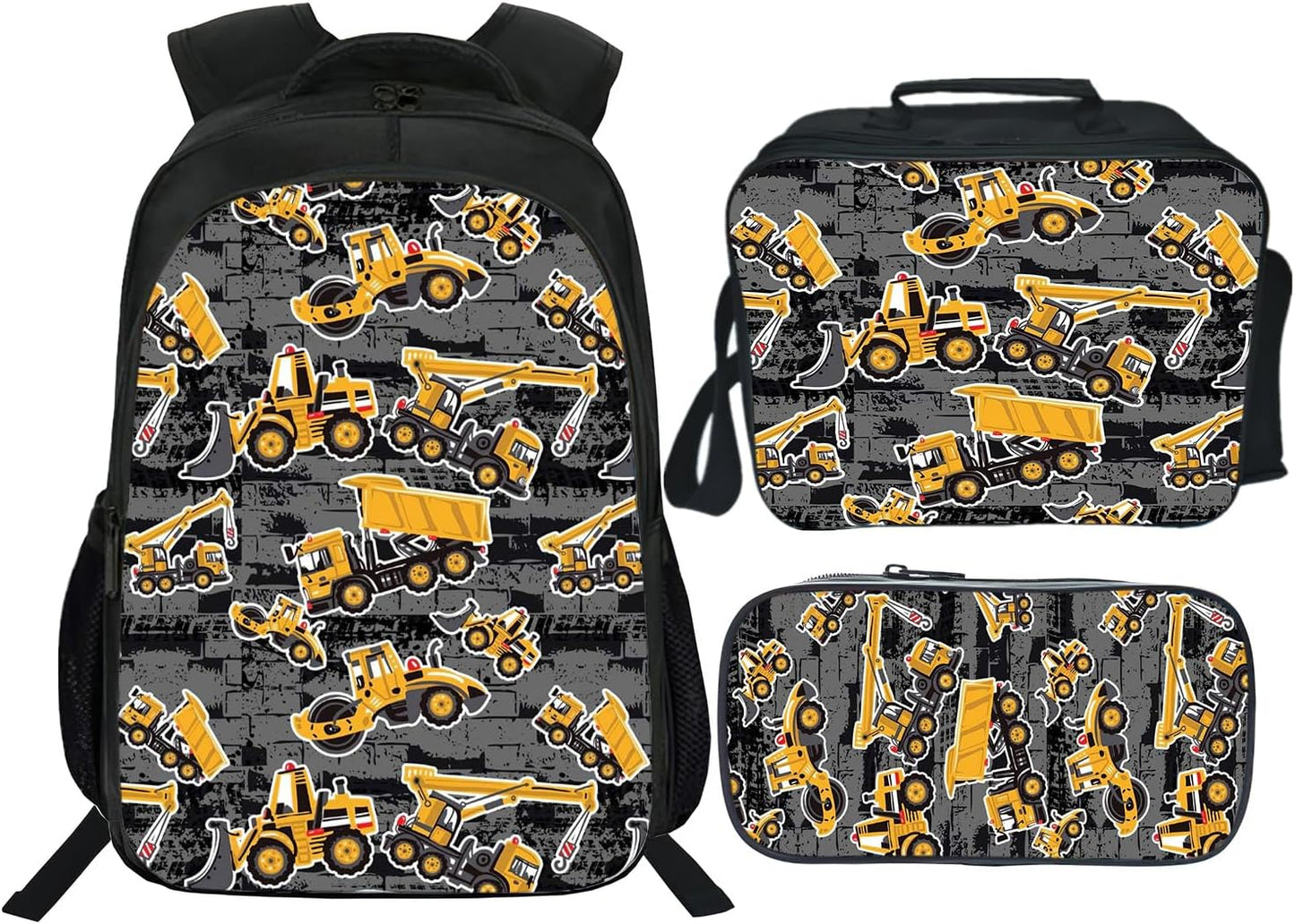 Construction Backpack Kids Excavator Bookbag 16inch Schoolbag With Lunch Box Bag And Pencil Case Set For Boys Girls