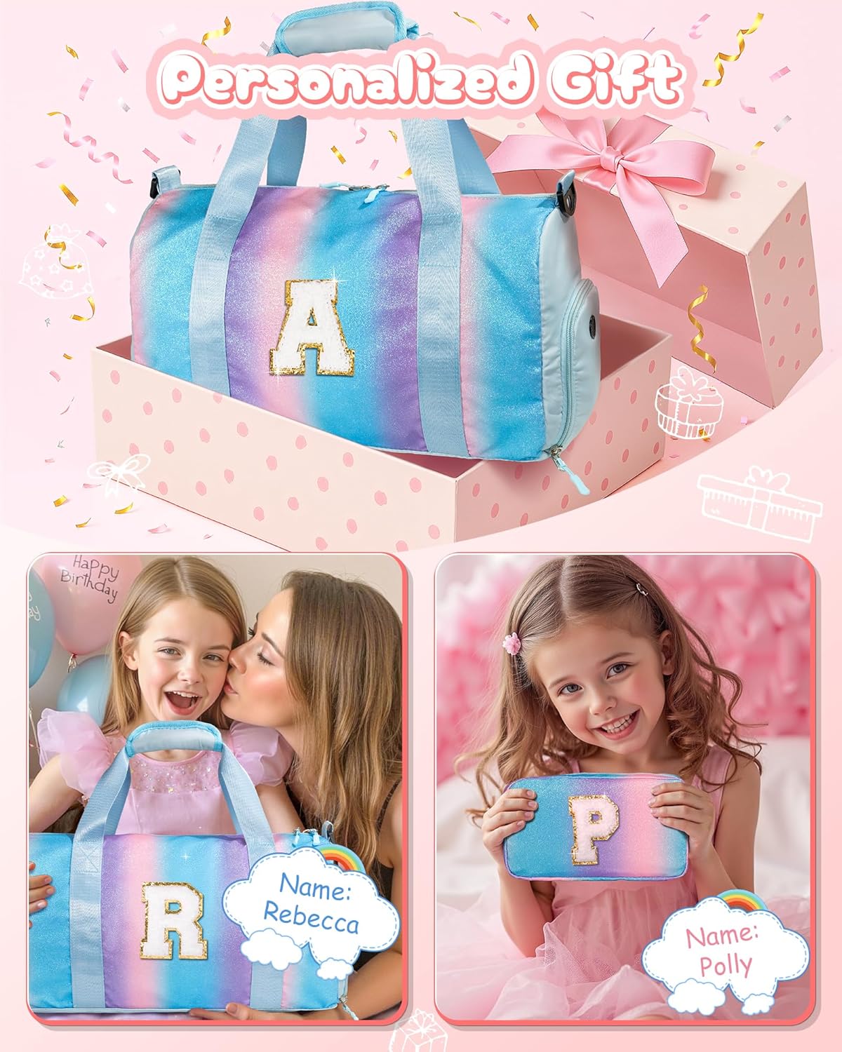 Christmas Gifts for Girls-Girl Gym Bag with Shoe Compartment, Kid Personalized Weekender Overnight Bags, Initial Travel Tote with Makeup Pouch, Gift for 3 4 5 6 7 Year Old Kids (Letter T)