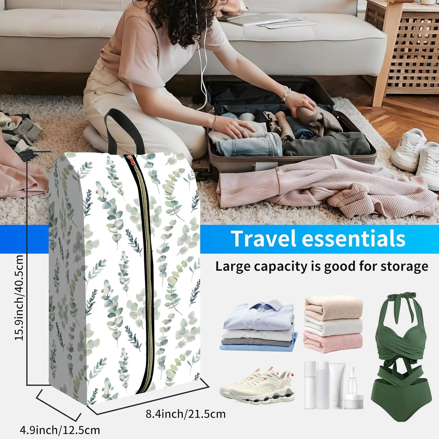 2pcs Shoe Organizer for Travel, Packing Shoe Travel Bags, Cute Shoe Bag with Zipper & Handle, Portable Travel Essentials for Women and Men Watercolor Green Leaf